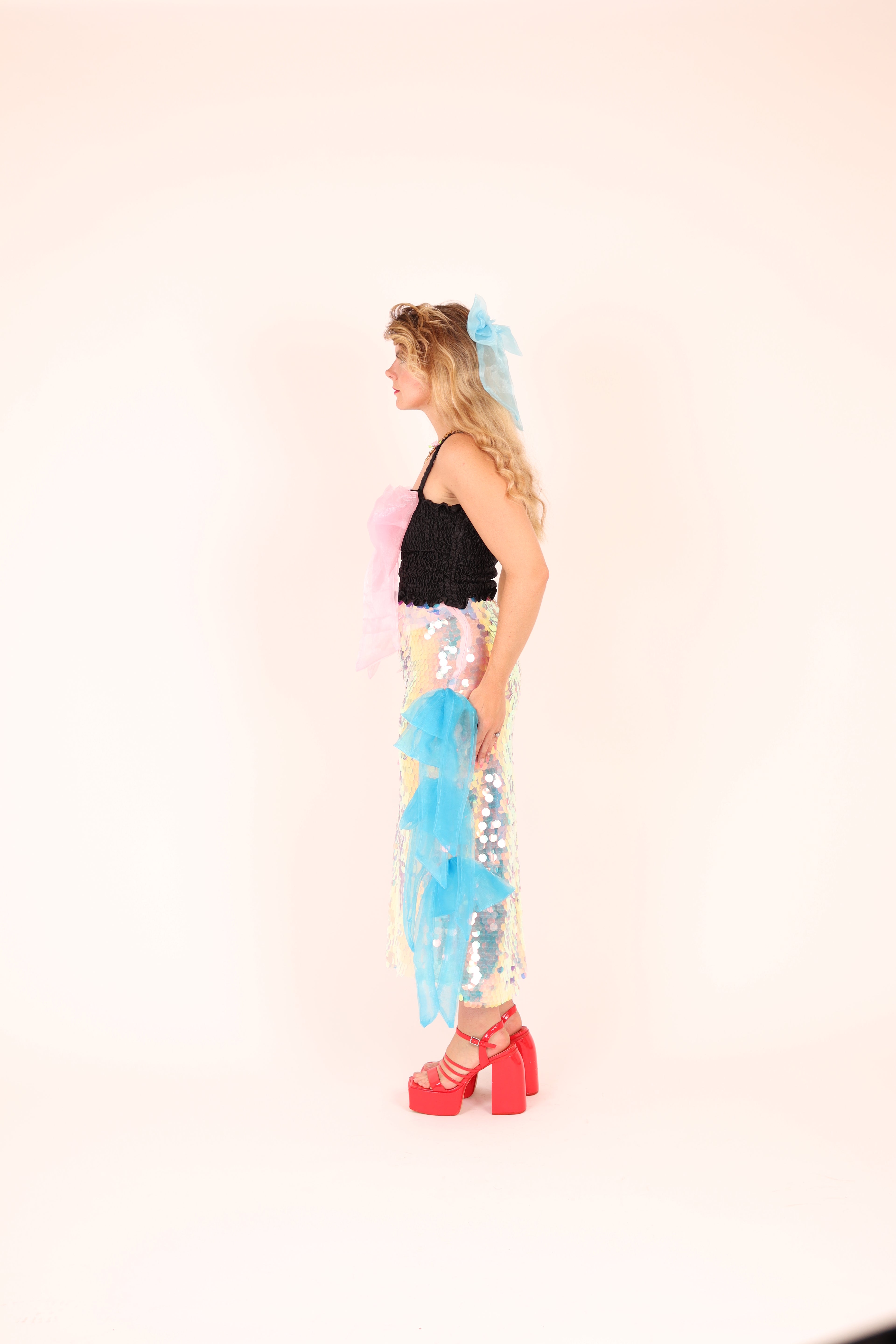 FIORELLE ✧ Iridescent XL Sequin Midi Skirt With Electric Blue Organza Bows