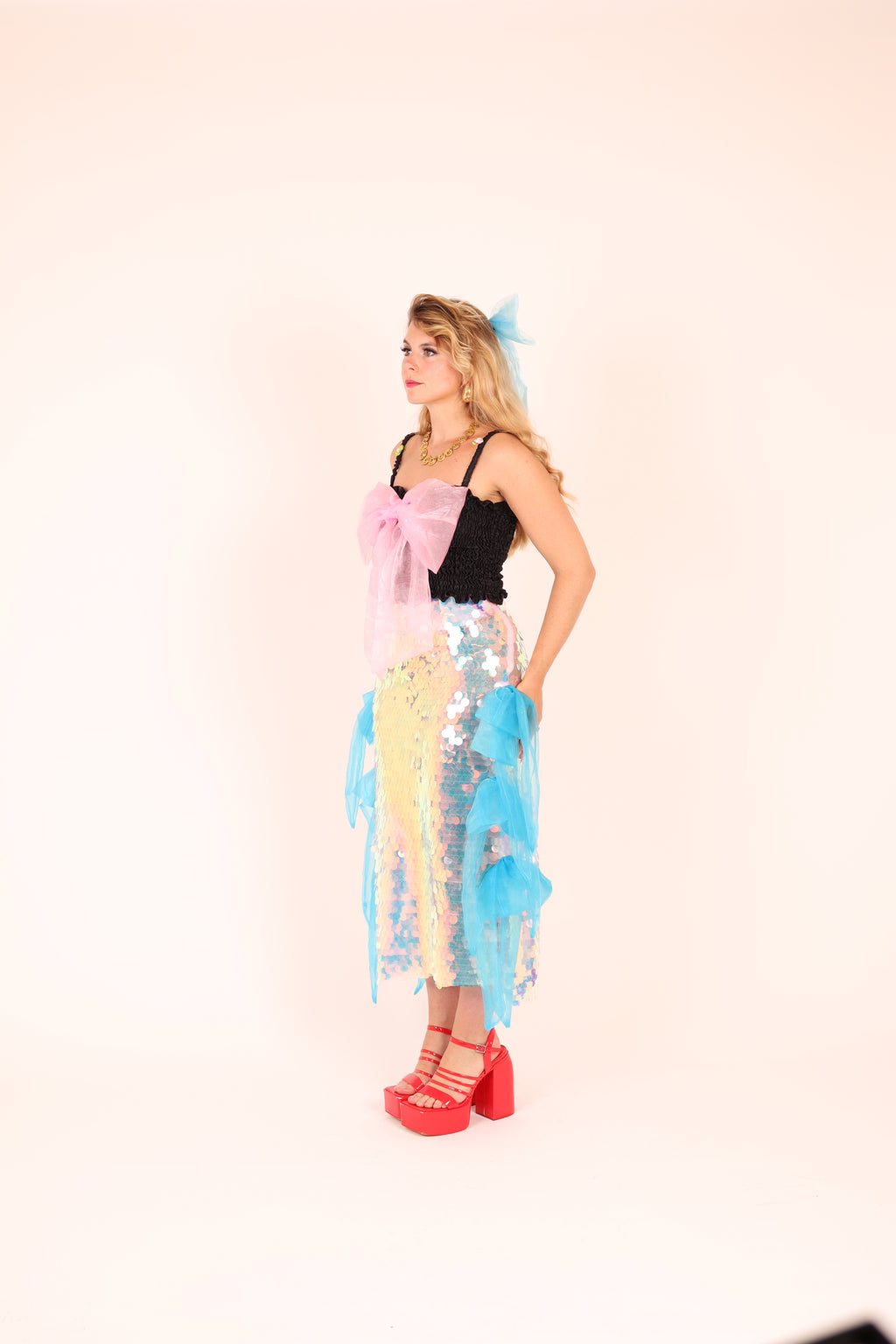 FIORELLE ✧ Iridescent XL Sequin Midi Skirt With Electric Blue Organza Bows