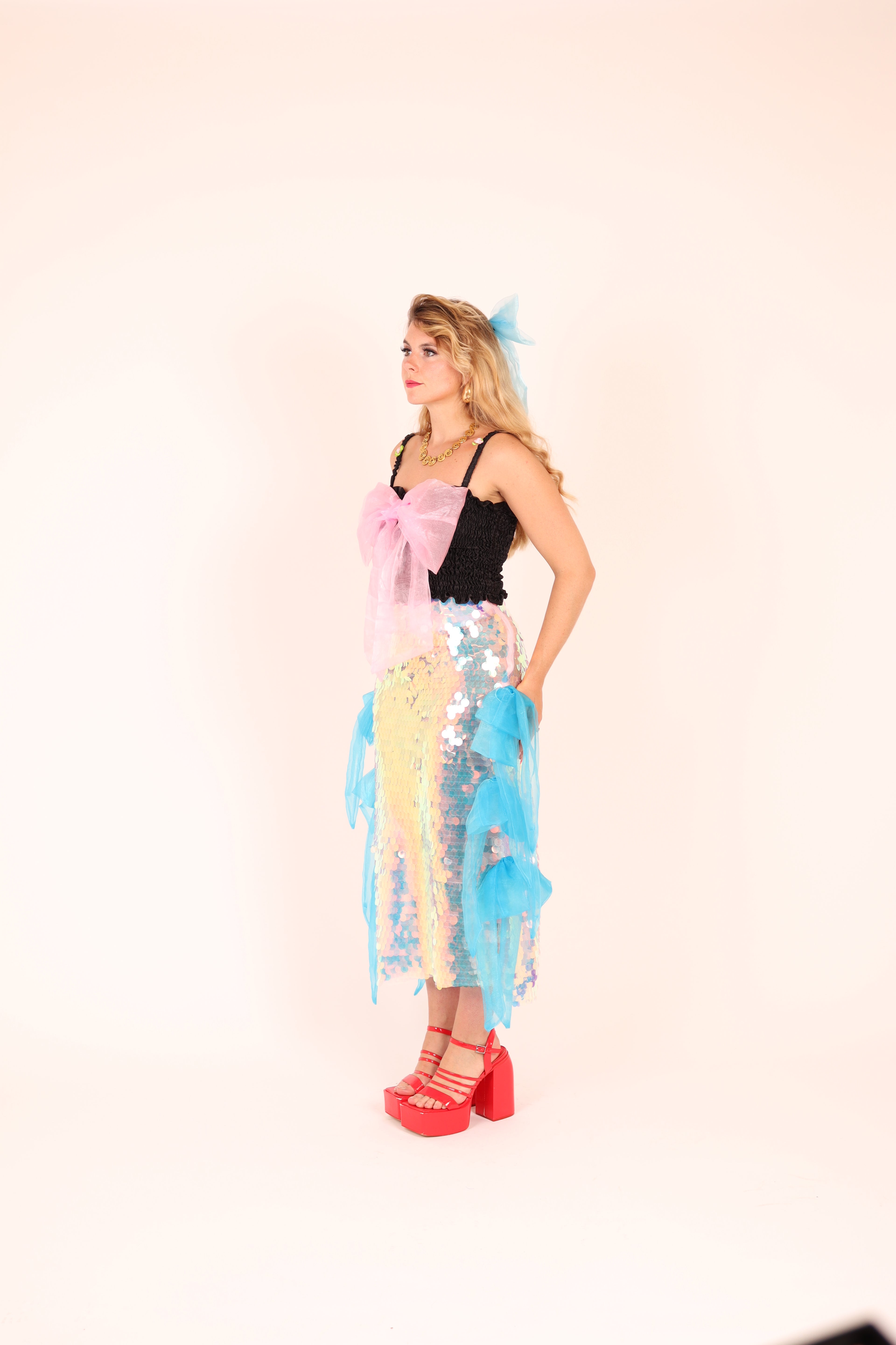 FIORELLE ✧ Iridescent XL Sequin Midi Skirt With Electric Blue Organza Bows