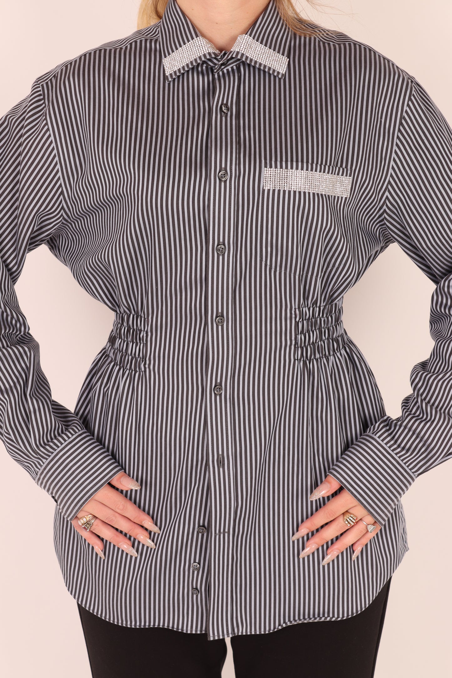 Black + Grey Stripe with Diamante Detail Shirt | Phoenix Rework