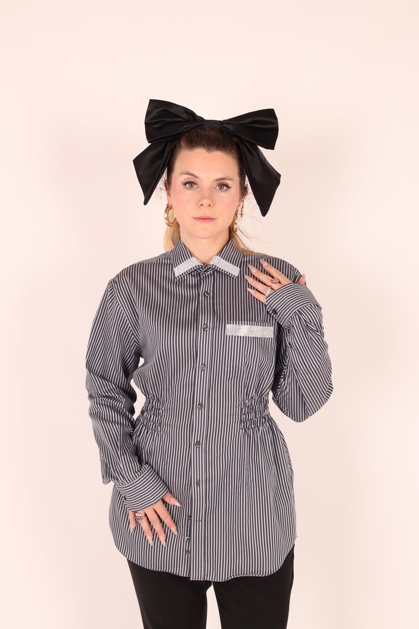 Black + Grey Stripe with Diamante Detail Shirt | Phoenix Rework