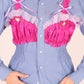 Blue Shirt with Fuchsia Pink Taffeta Bralette and Lilac Bow detail | Phoenix Rework