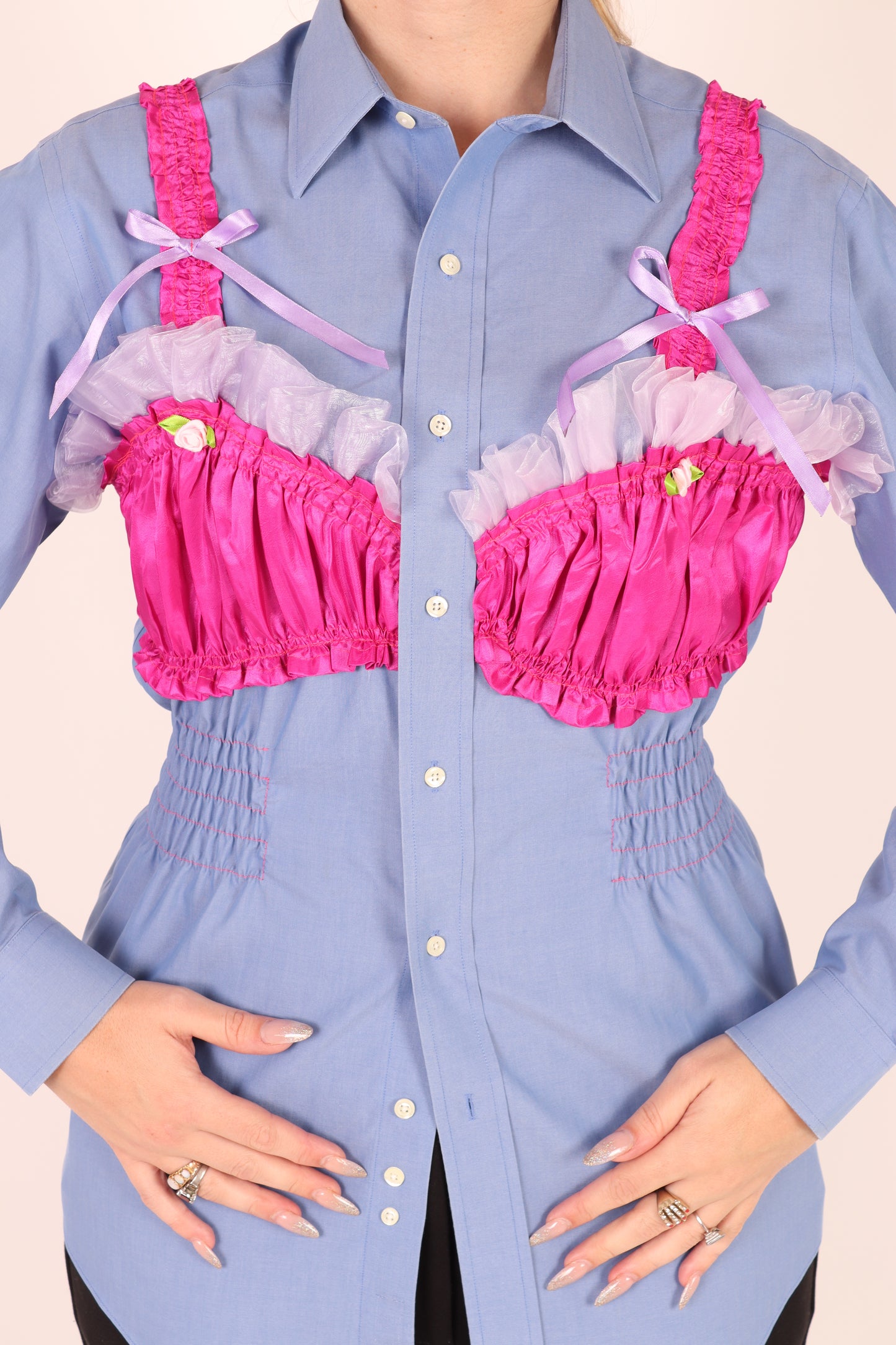 Blue Shirt with Fuchsia Pink Taffeta Bralette and Lilac Bow detail | Phoenix Rework