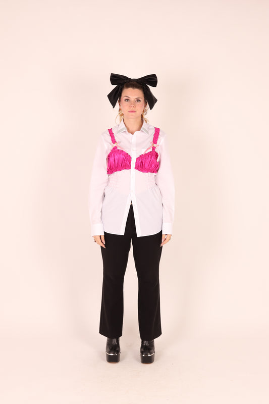 White Shirt with Fuchsia Pink Taffeta Bralette + Diamante detail | Phoenix Rework