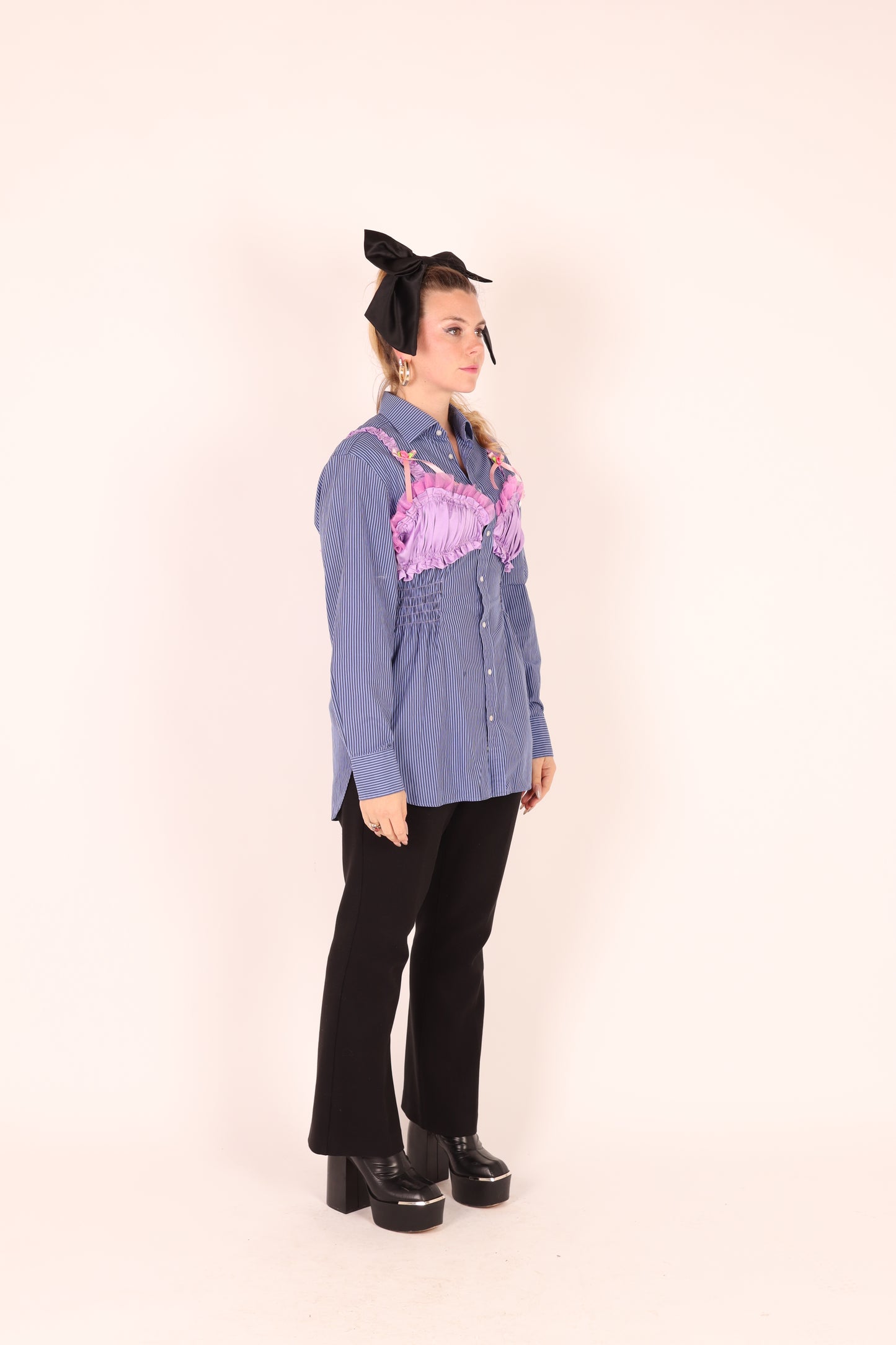 Blue Stripe Shirt with Lilac Silk Bralette and Pink Bow detail | Phoenix Rework