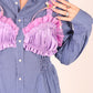 Blue Stripe Shirt with Lilac Silk Bralette and Pink Bow detail | Phoenix Rework