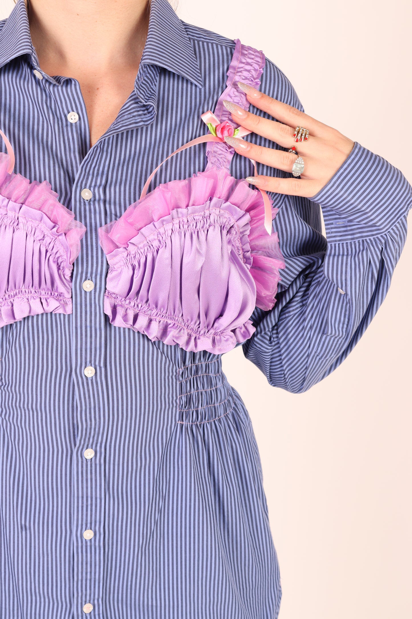 Blue Stripe Shirt with Lilac Silk Bralette and Pink Bow detail | Phoenix Rework