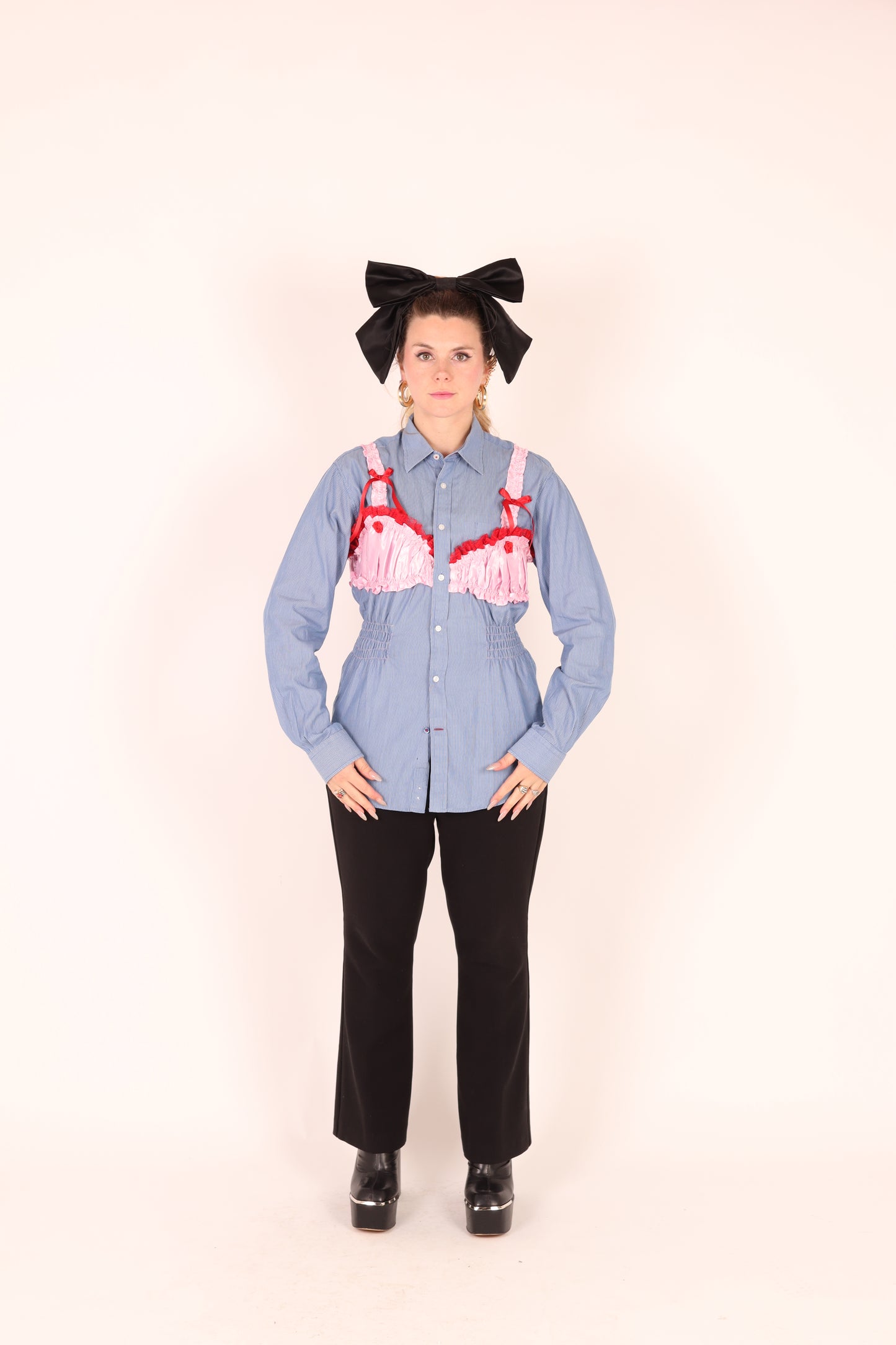 Blue Pinstripe Shirt with Bubblegum Pink Taffeta Bralette and Red Bow detail | Phoenix Rework