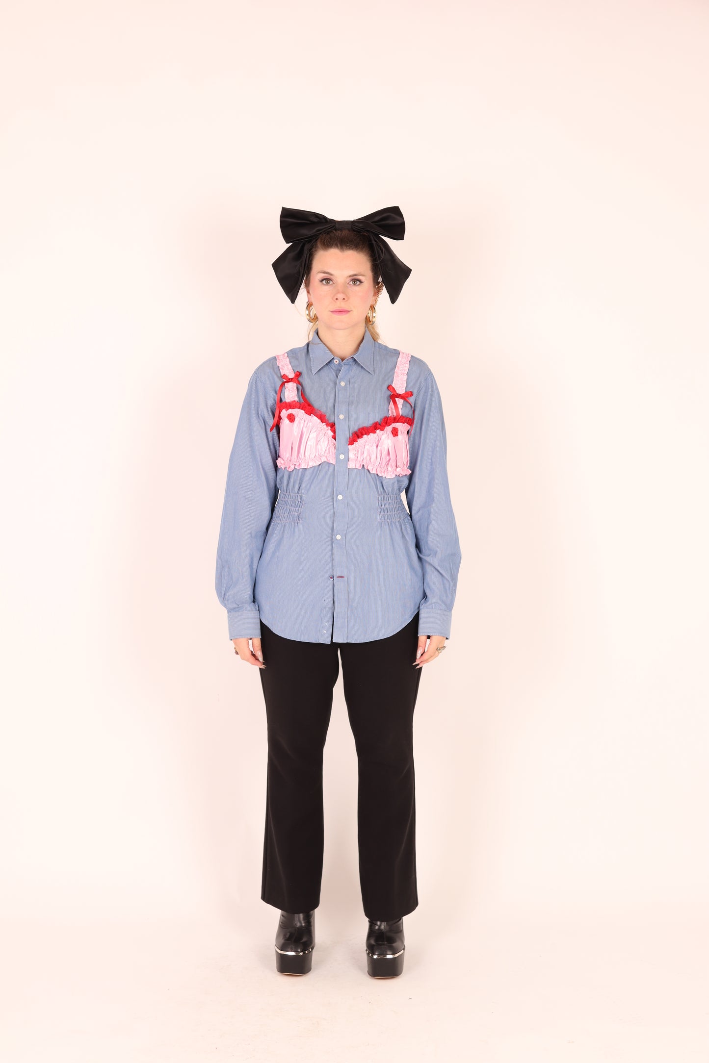 Blue Pinstripe Shirt with Bubblegum Pink Taffeta Bralette and Red Bow detail | Phoenix Rework