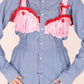 Blue Pinstripe Shirt with Bubblegum Pink Taffeta Bralette and Red Bow detail | Phoenix Rework