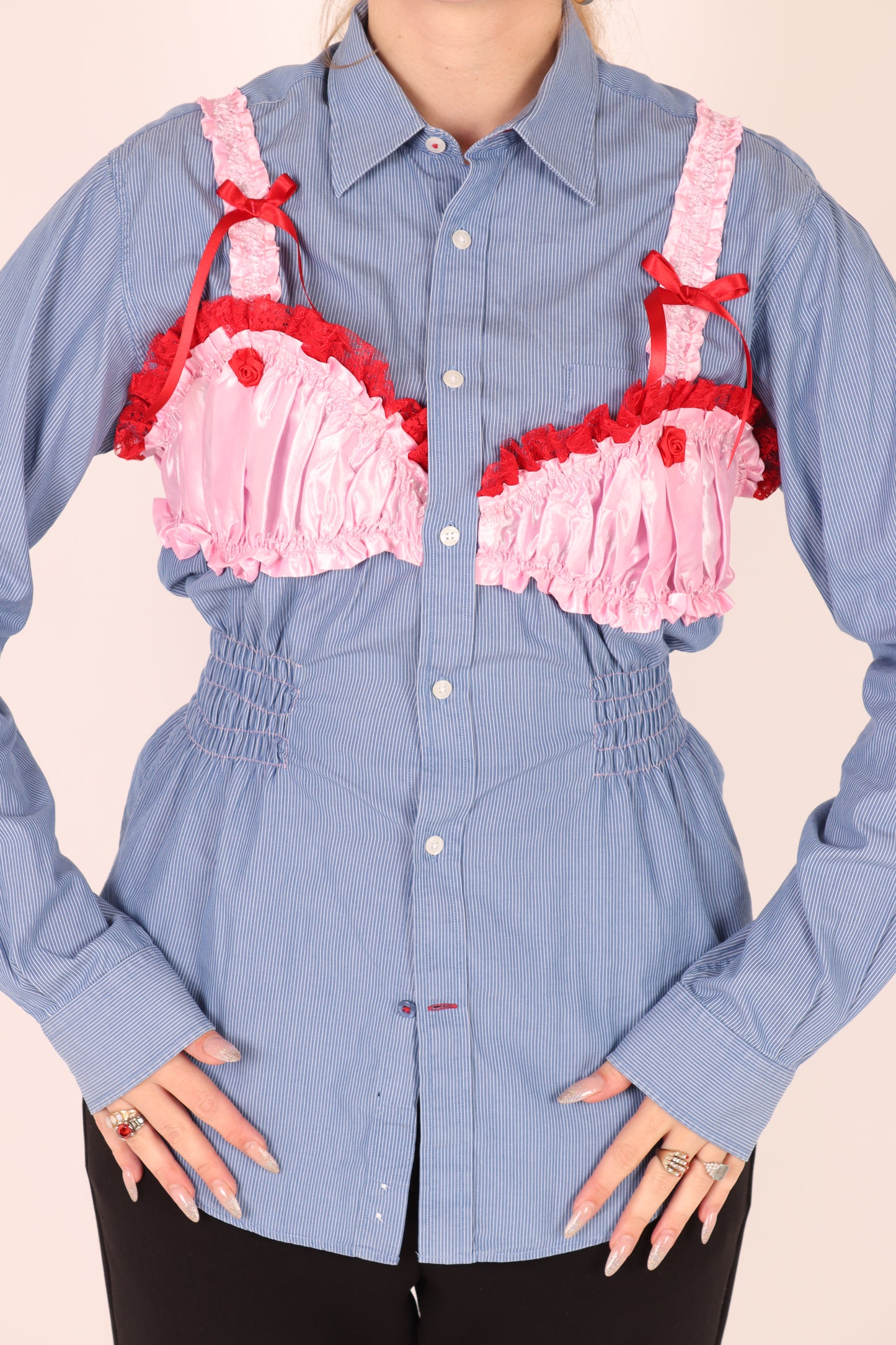 Blue Pinstripe Shirt with Bubblegum Pink Taffeta Bralette and Red Bow detail | Phoenix Rework