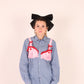 Blue Pinstripe Shirt with Bubblegum Pink Taffeta Bralette and Red Bow detail | Phoenix Rework