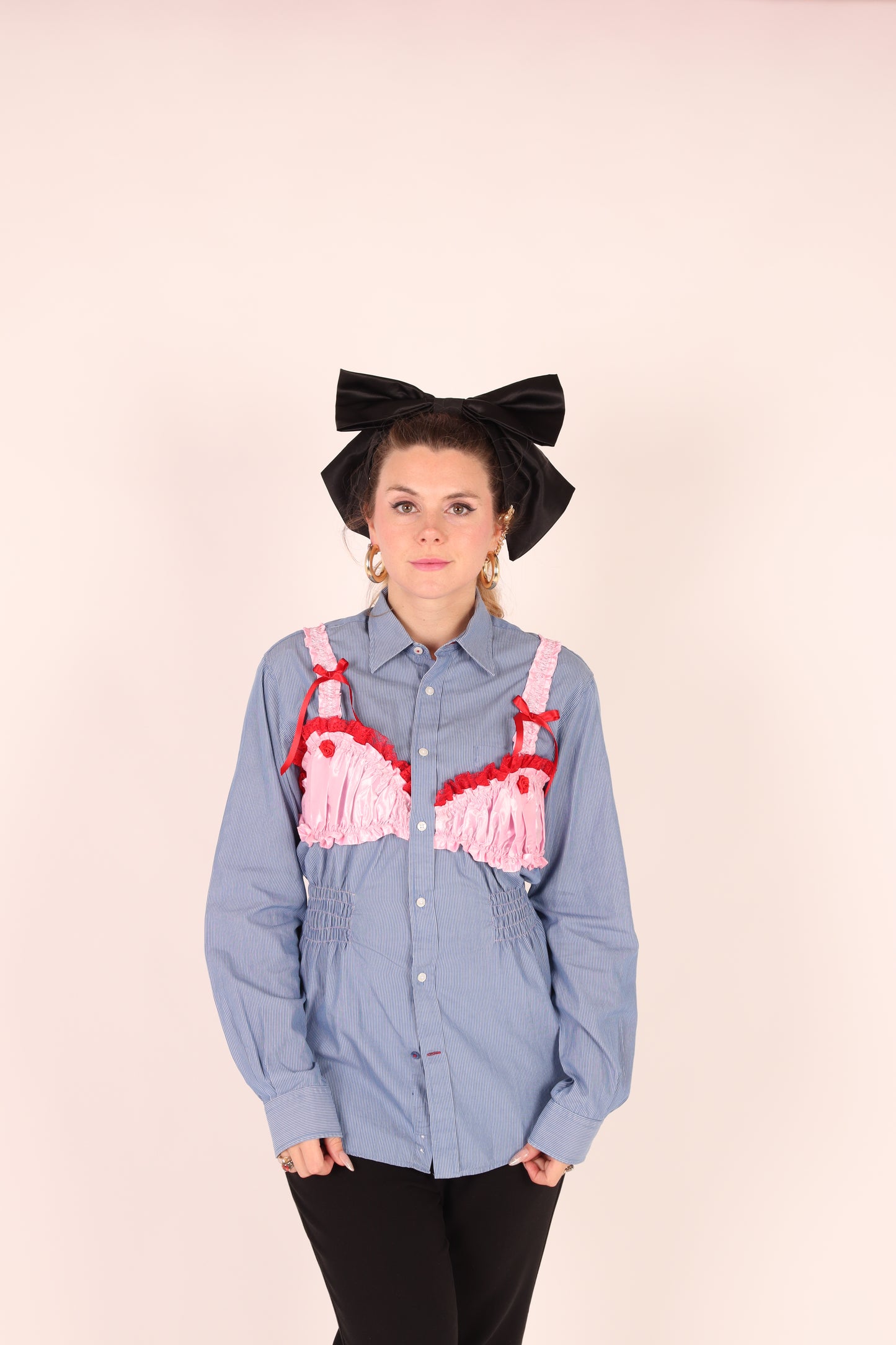 Blue Pinstripe Shirt with Bubblegum Pink Taffeta Bralette and Red Bow detail | Phoenix Rework