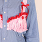 Blue Pinstripe Shirt with Bubblegum Pink Taffeta Bralette and Red Bow detail | Phoenix Rework