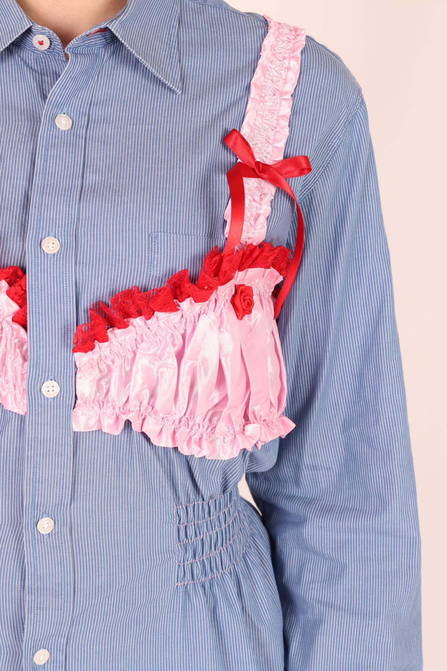 Blue Pinstripe Shirt with Bubblegum Pink Taffeta Bralette and Red Bow detail | Phoenix Rework