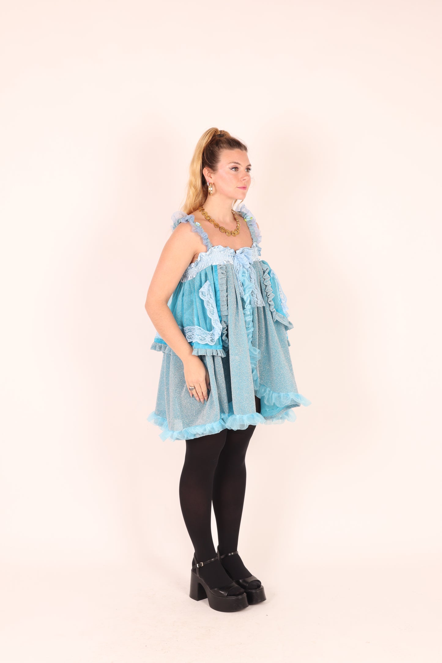 SKYLA | Blue Glitter + Blue Organza Ruffle Babydoll Dress