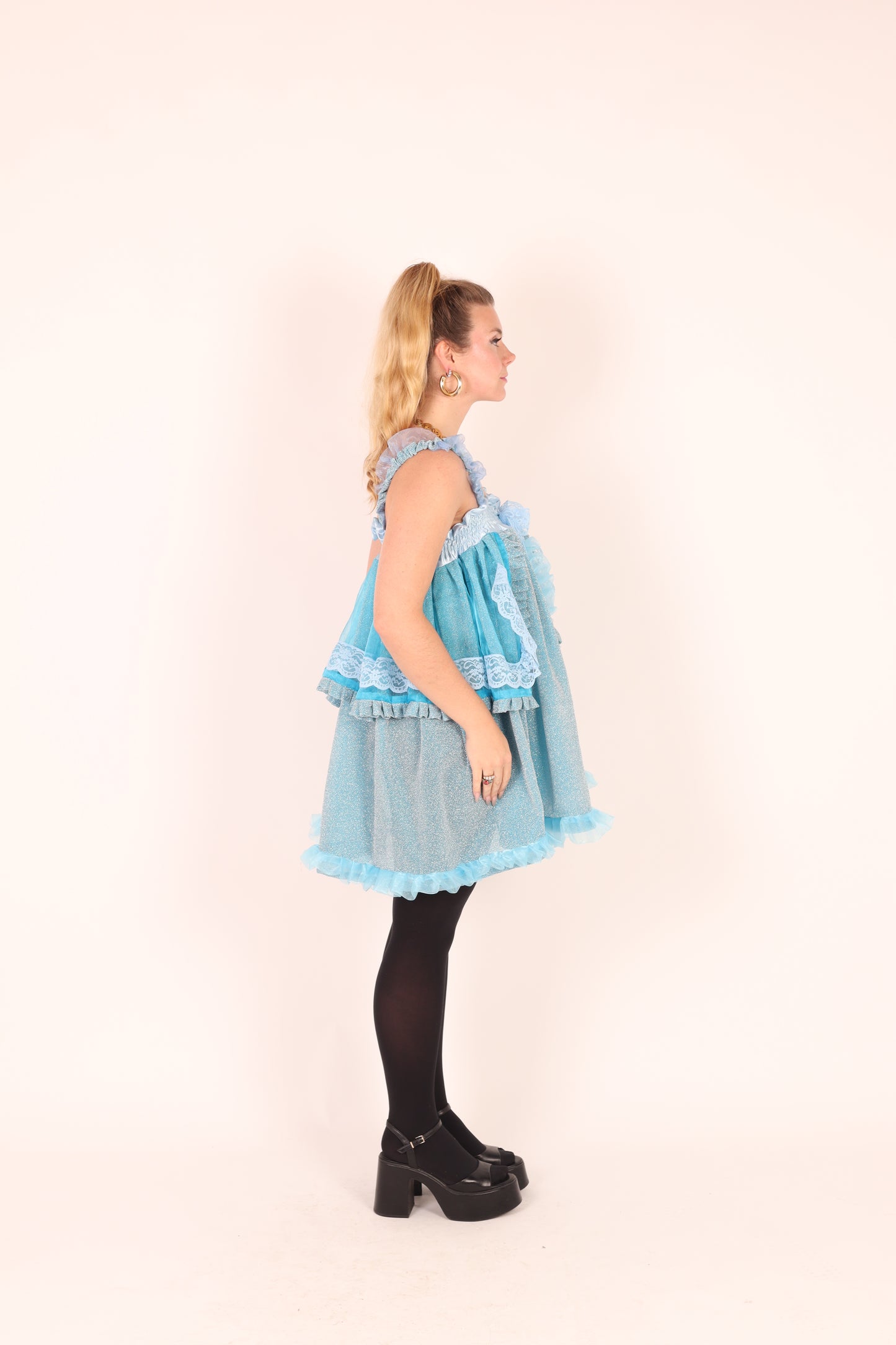 SKYLA | Blue Glitter + Blue Organza Ruffle Babydoll Dress