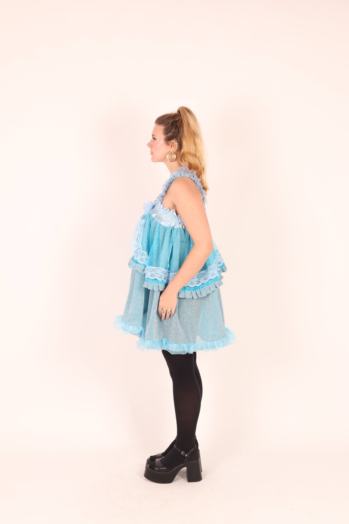 SKYLA | Blue Glitter + Blue Organza Ruffle Babydoll Dress