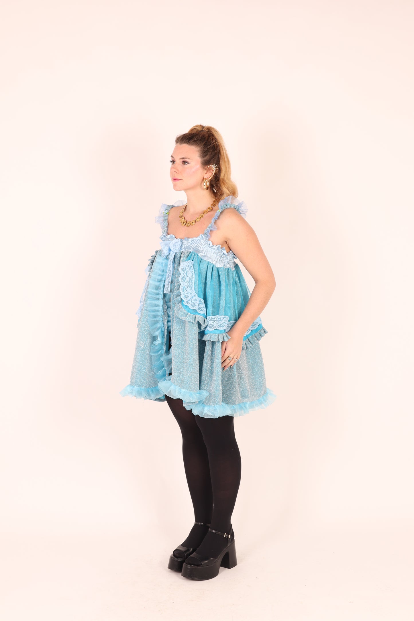 SKYLA | Blue Glitter + Blue Organza Ruffle Babydoll Dress