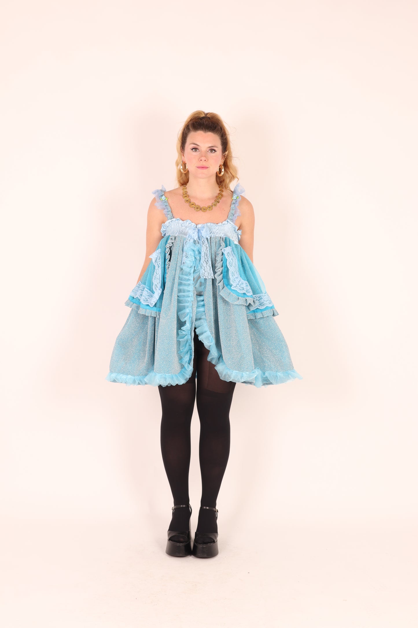 SKYLA | Blue Glitter + Blue Organza Ruffle Babydoll Dress