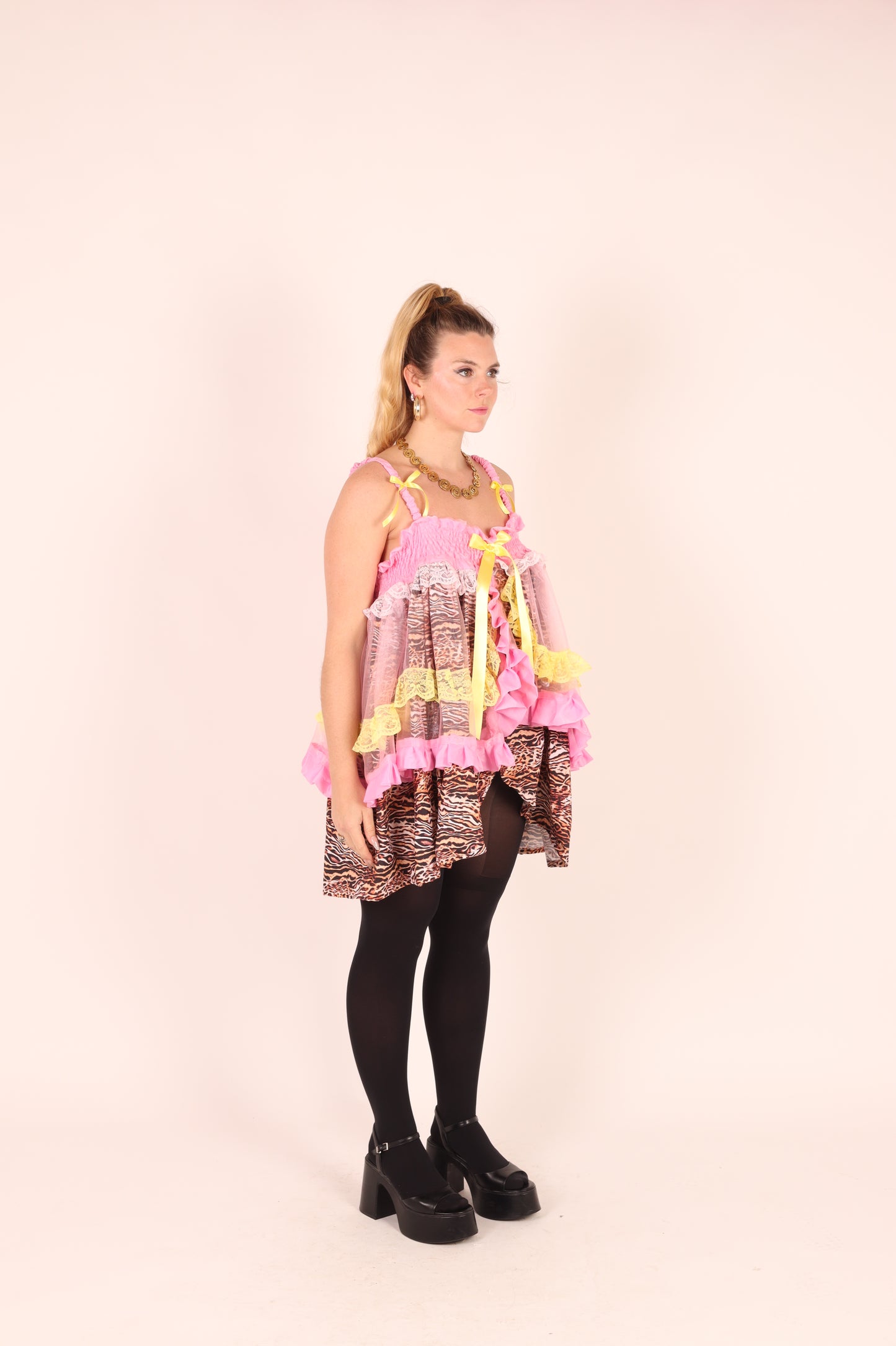 SABRINA | Tiger + Pink Organza Ruffle + Yellow Lace Babydoll Dress