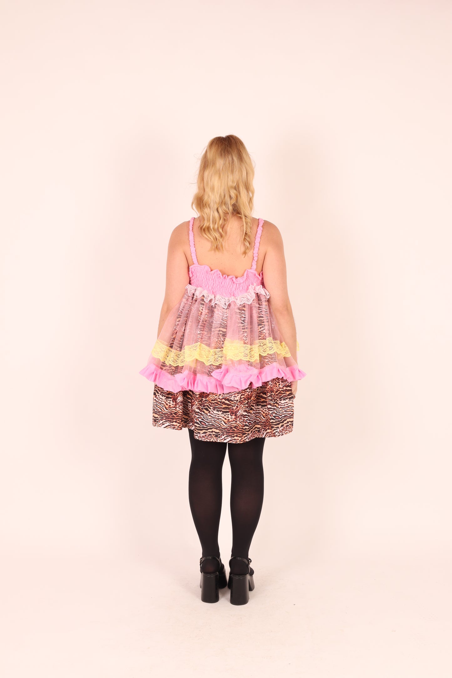 SABRINA | Tiger + Pink Organza Ruffle + Yellow Lace Babydoll Dress