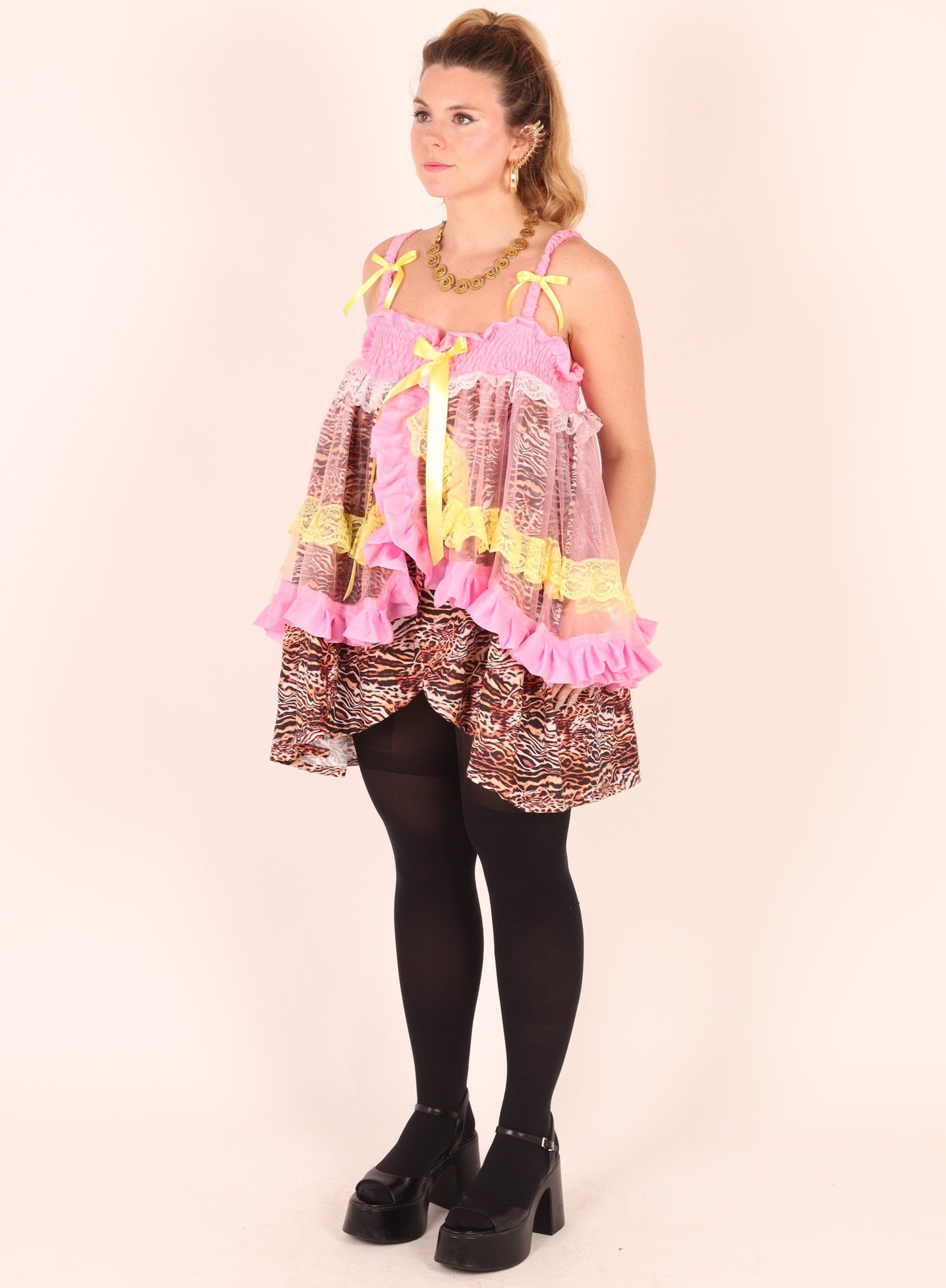 SABRINA | Tiger + Pink Organza Ruffle + Yellow Lace Babydoll Dress