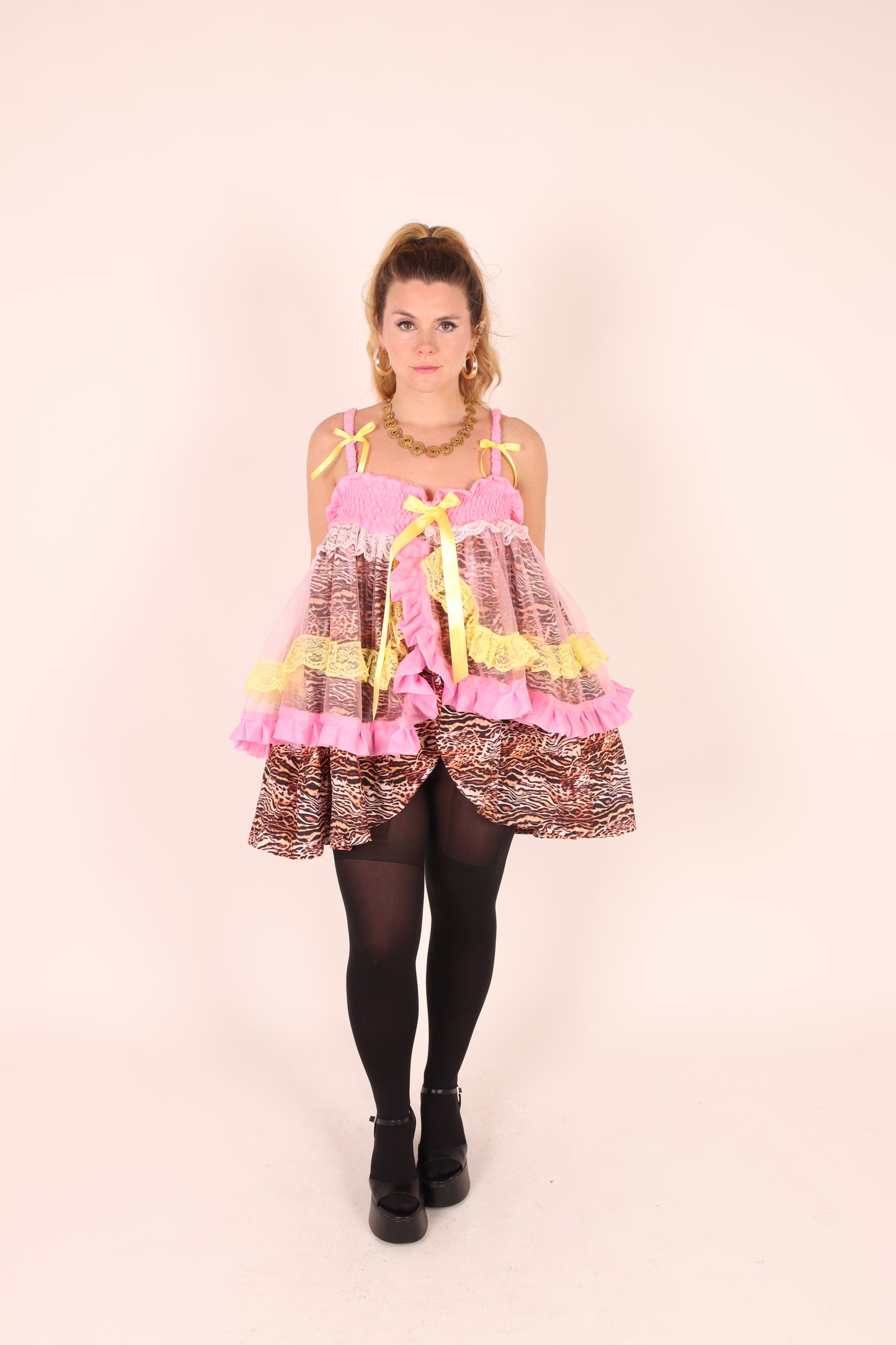 SABRINA | Tiger + Pink Organza Ruffle + Yellow Lace Babydoll Dress