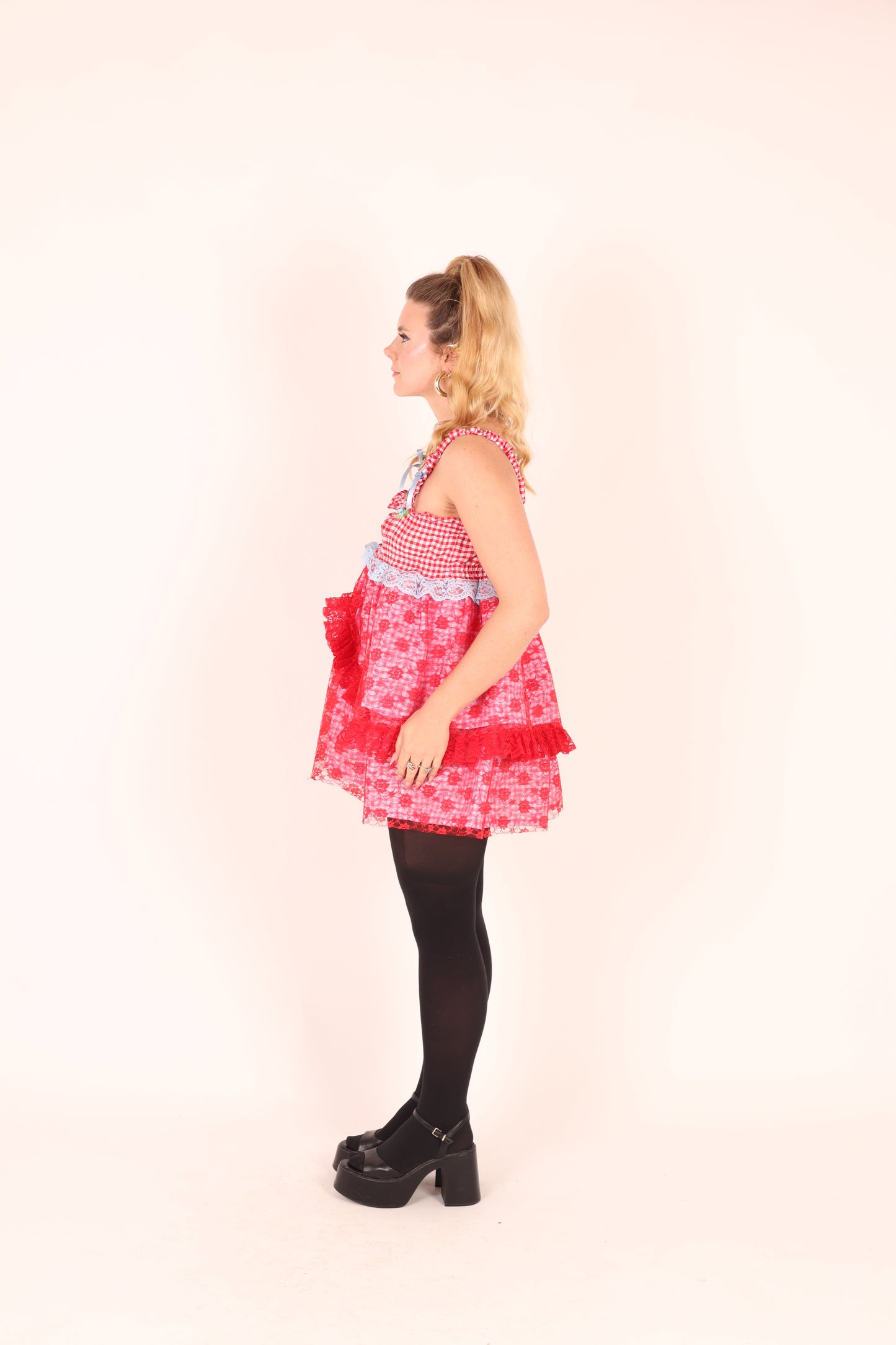 SIENNA | Red + Pink Gingham + Red Lace Babydoll Dress