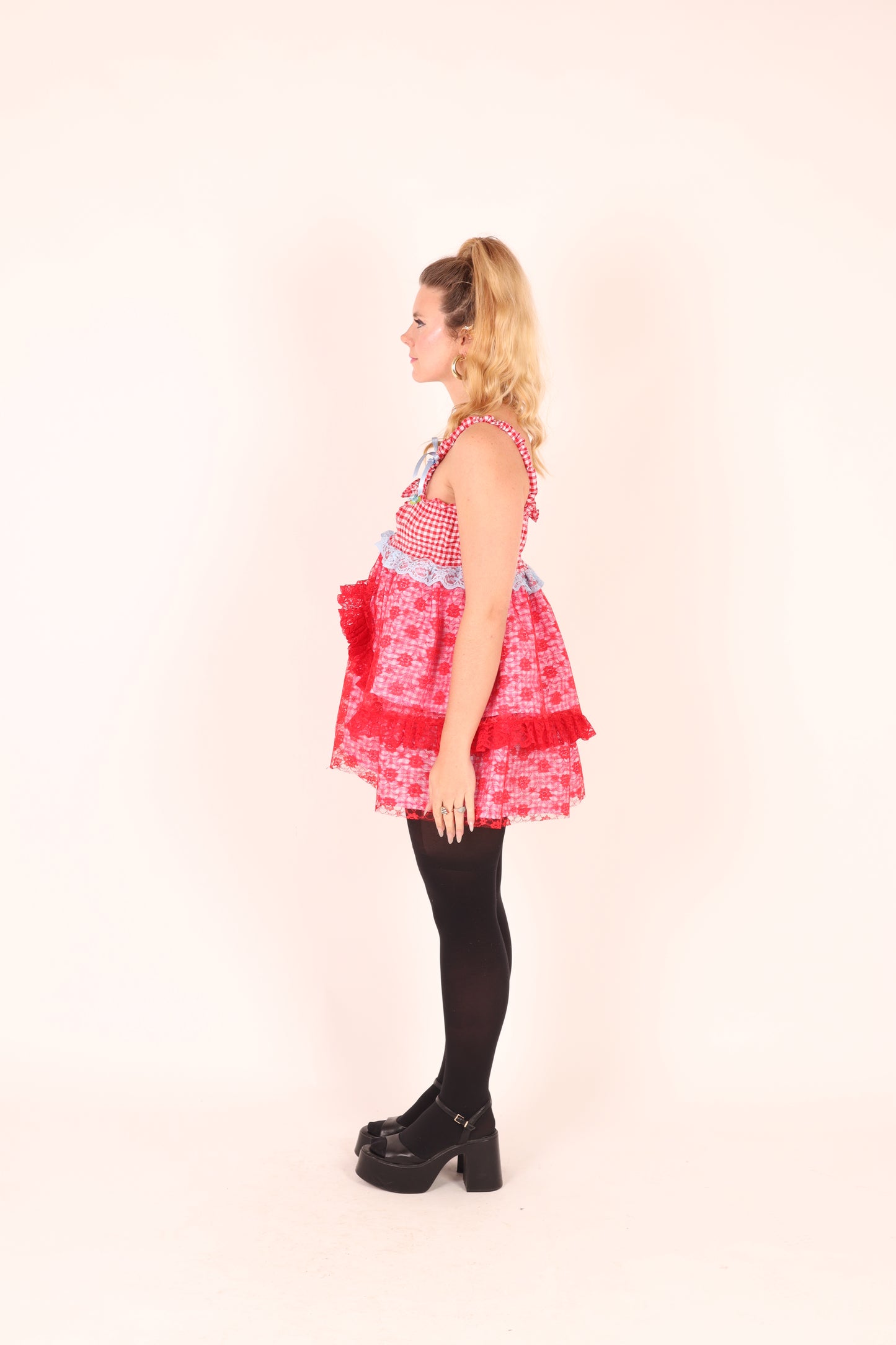 SIENNA | Red + Pink Gingham + Red Lace Babydoll Dress