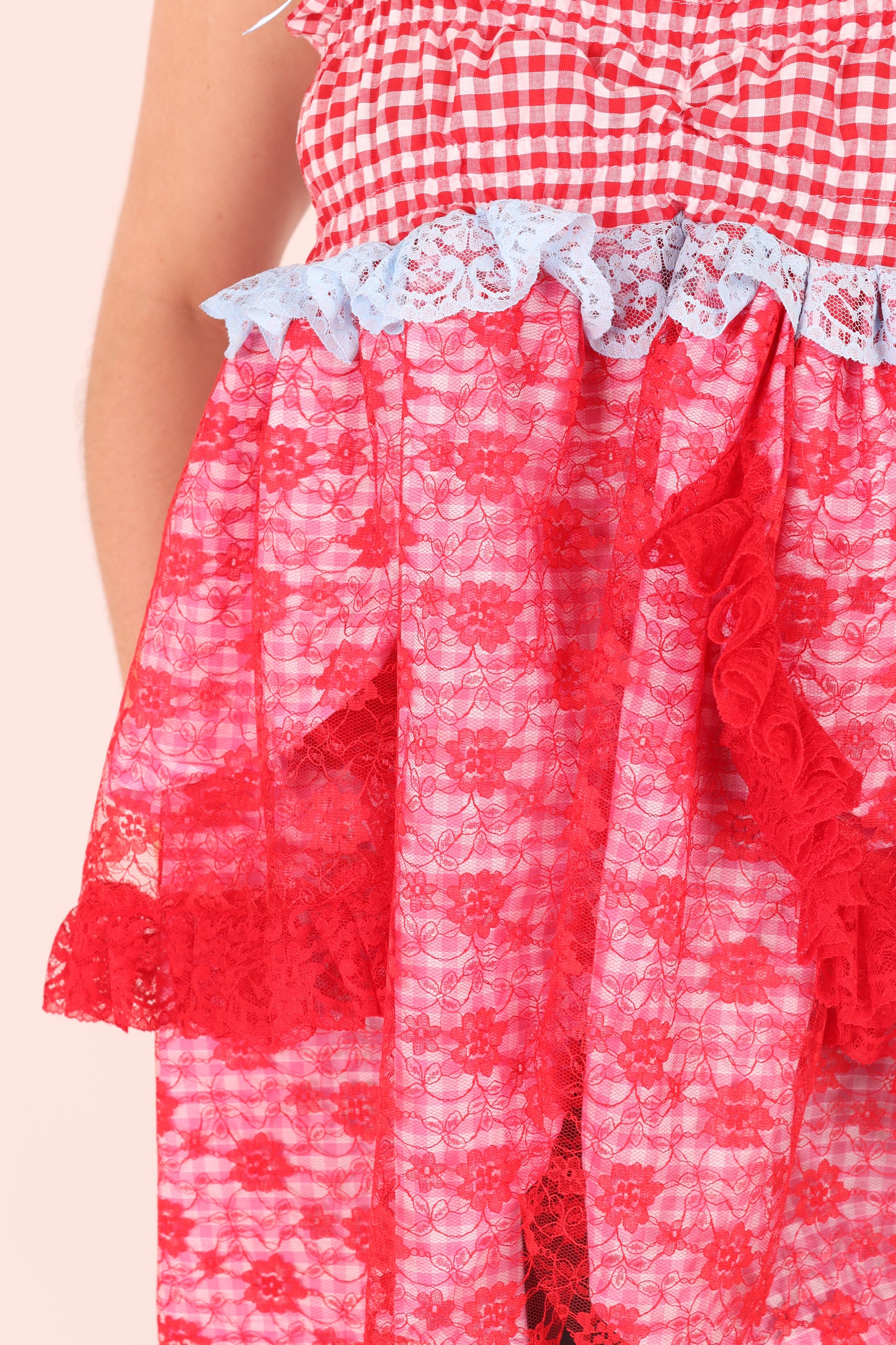 SIENNA | Red + Pink Gingham + Red Lace Babydoll Dress