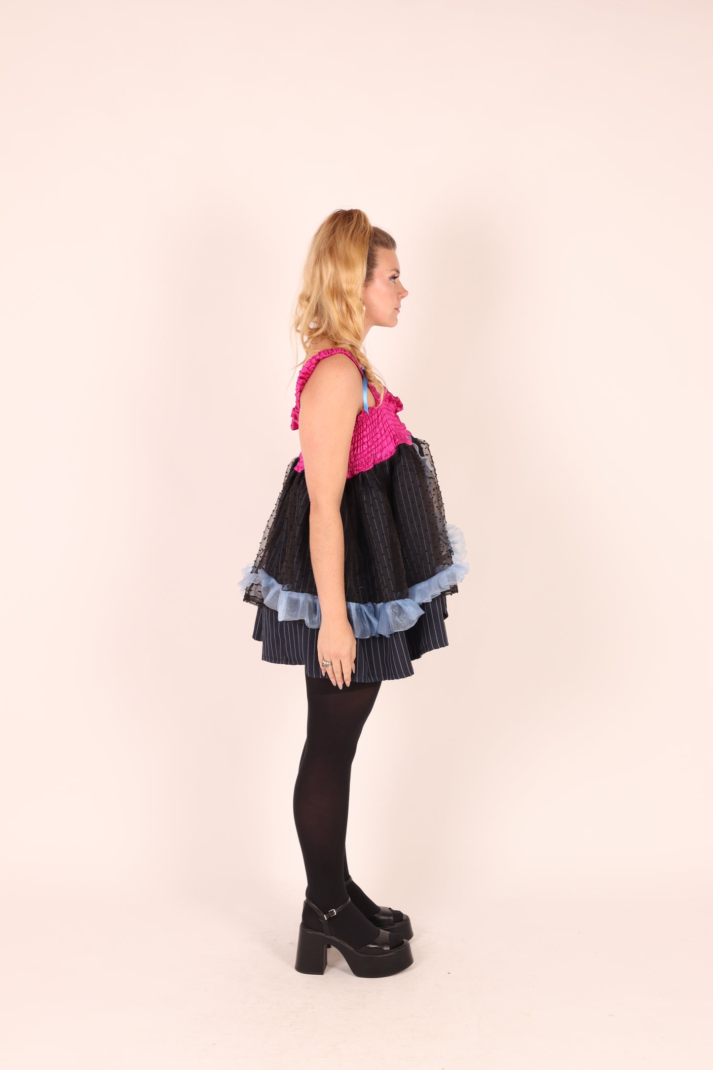 SOLA | Fuchsia Pink Taffeta + Pinstripe Babydoll Dress