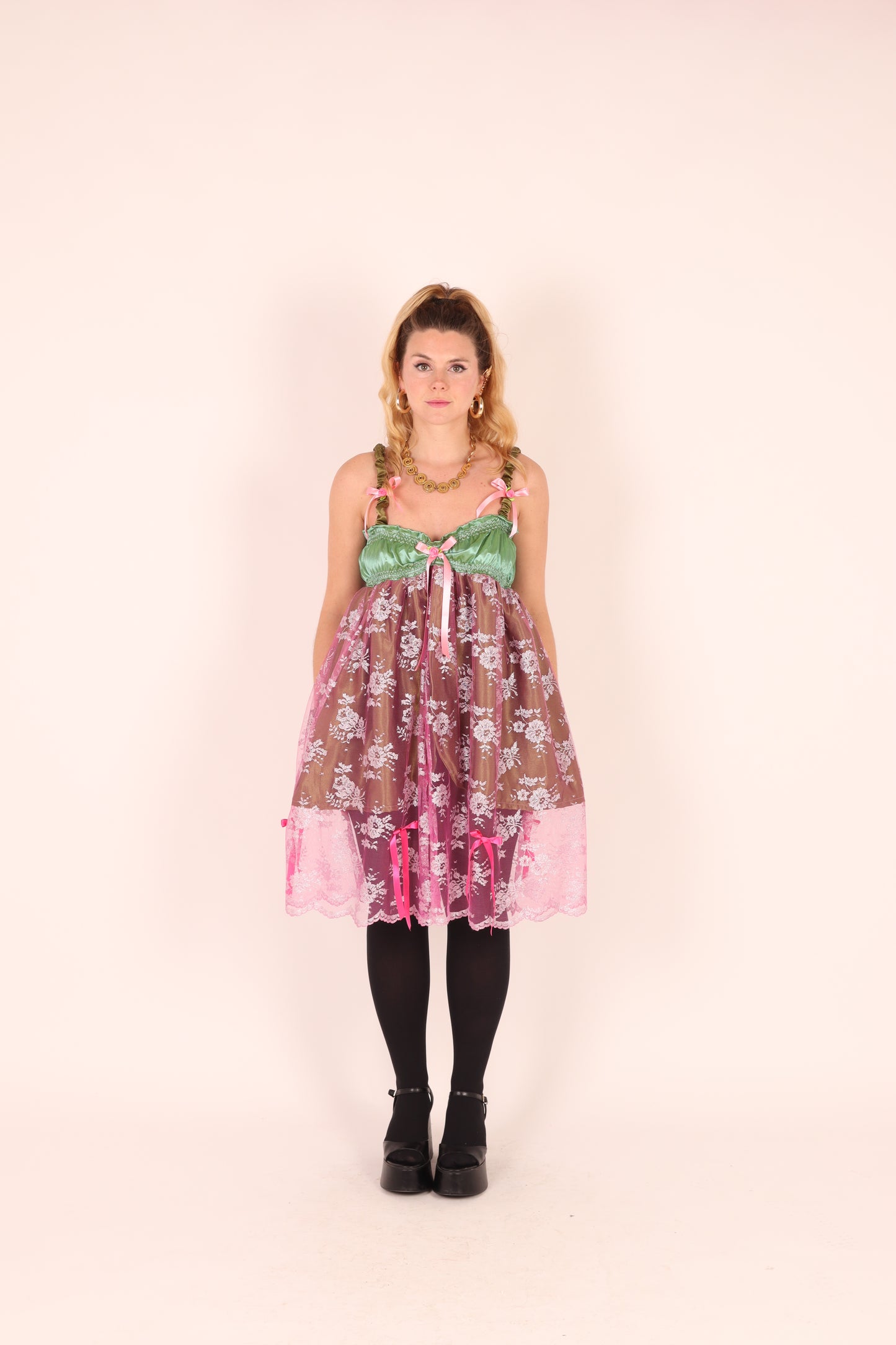 SERAPHINA | Green with Pink Lace Babydoll Dress