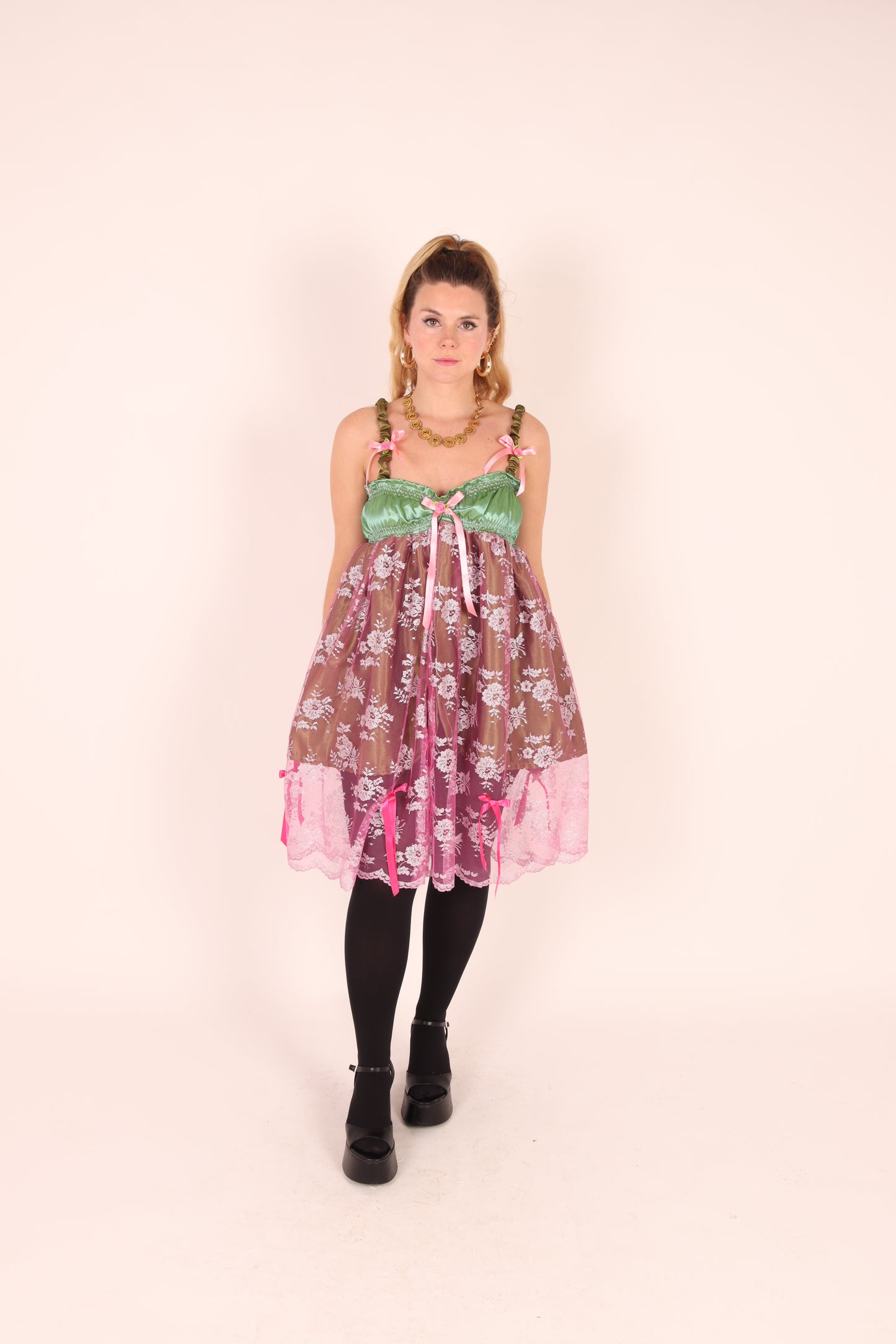 SERAPHINA | Green with Pink Lace Babydoll Dress