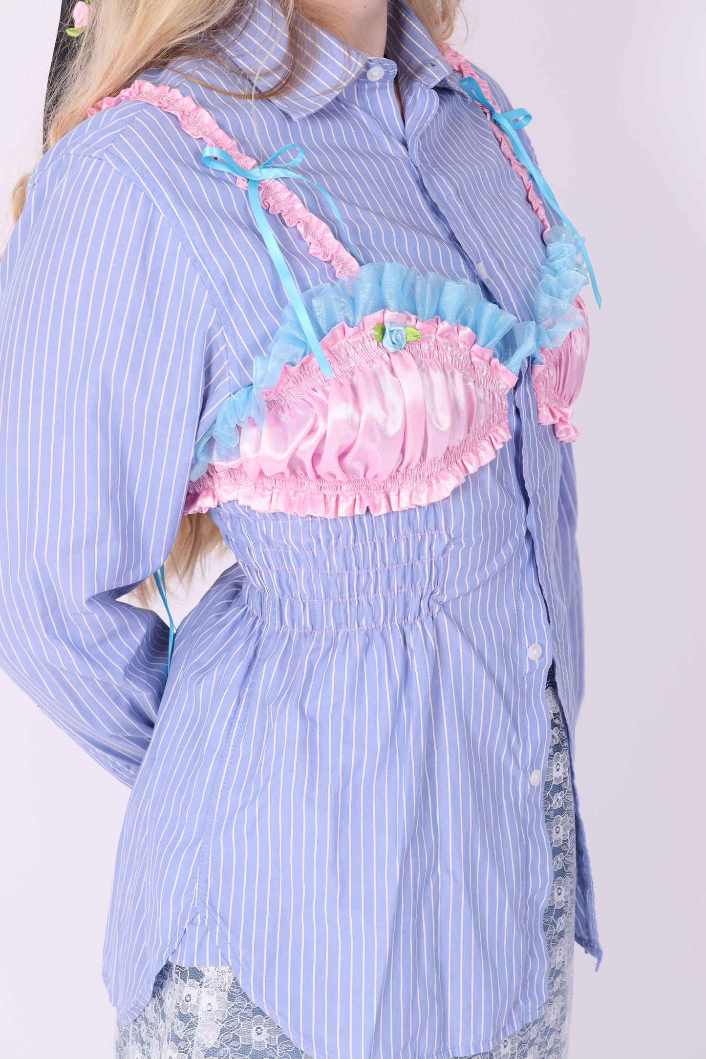 Blue Cornflower + White Pinstripe Shirt with Pink Bralette | Phoenix Rework