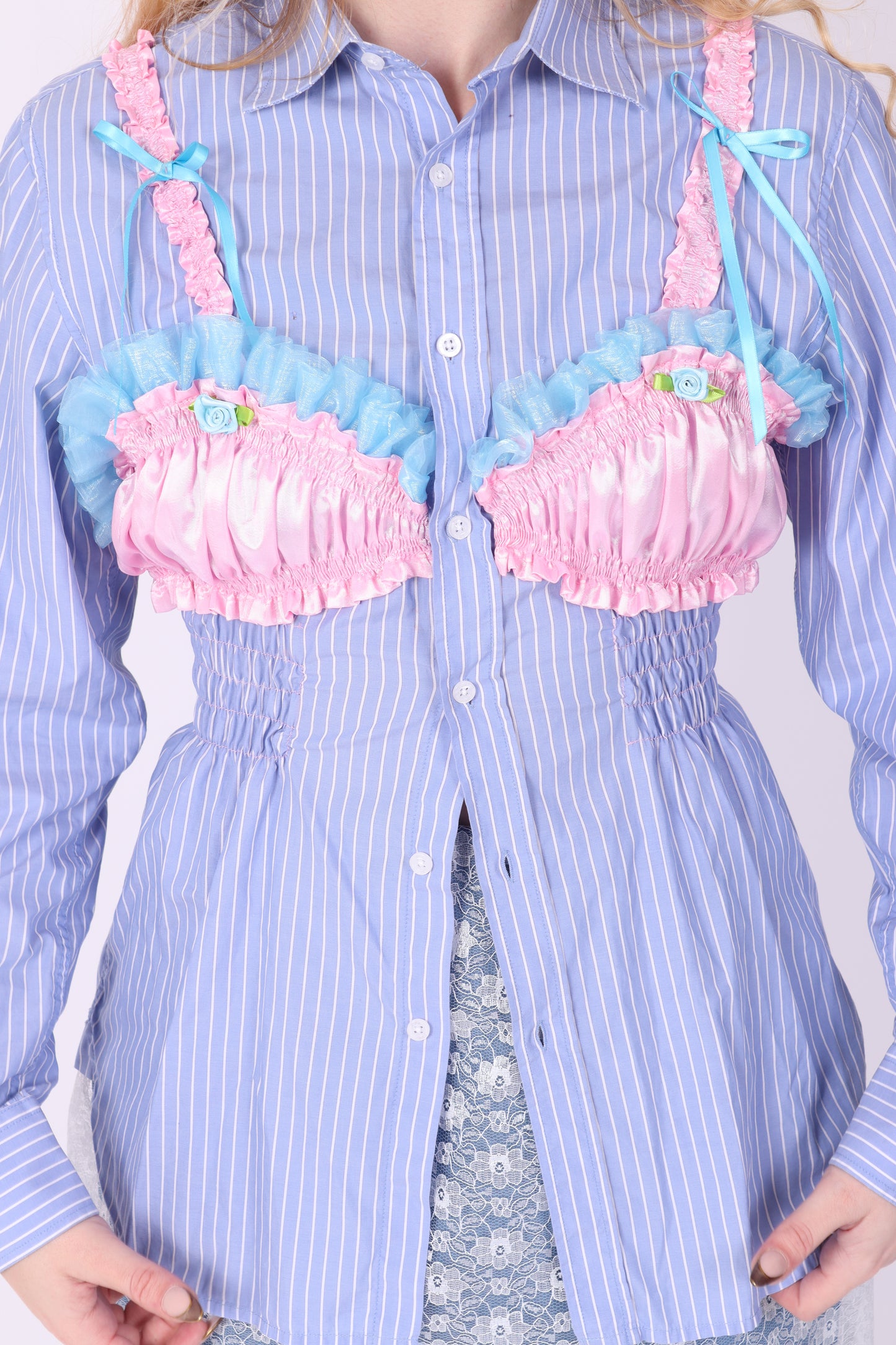 Blue Cornflower + White Pinstripe Shirt with Pink Bralette | Phoenix Rework