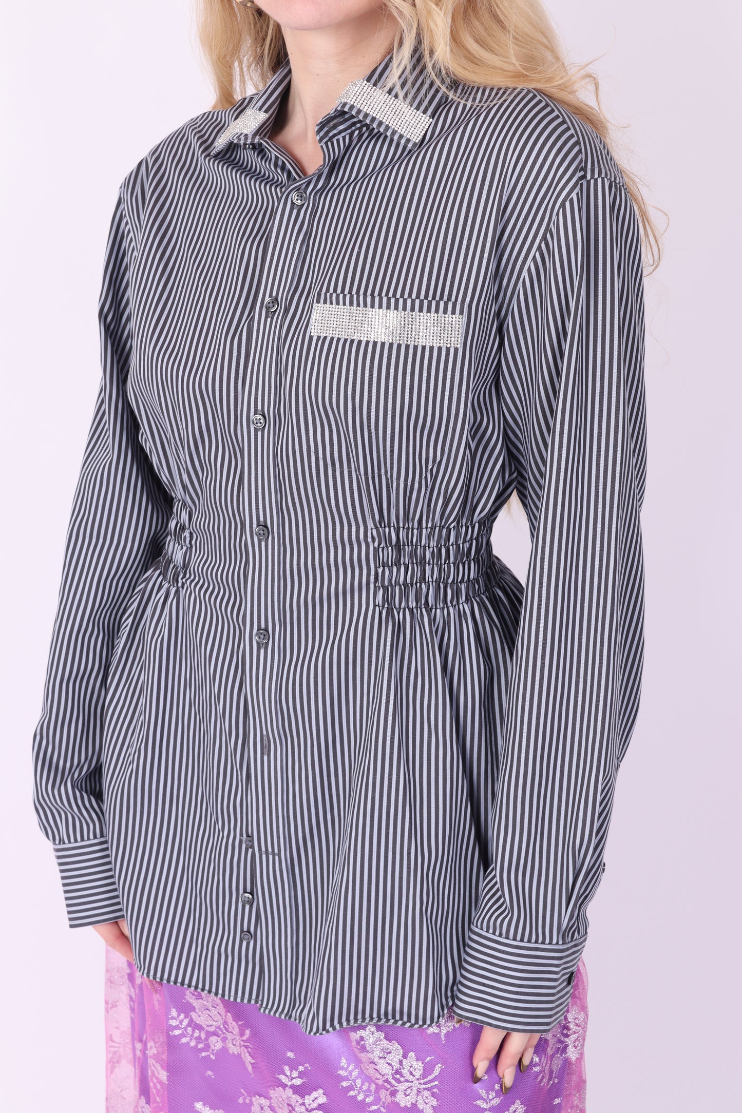 Black + Grey Stripe with Diamante Detail Shirt | Phoenix Rework