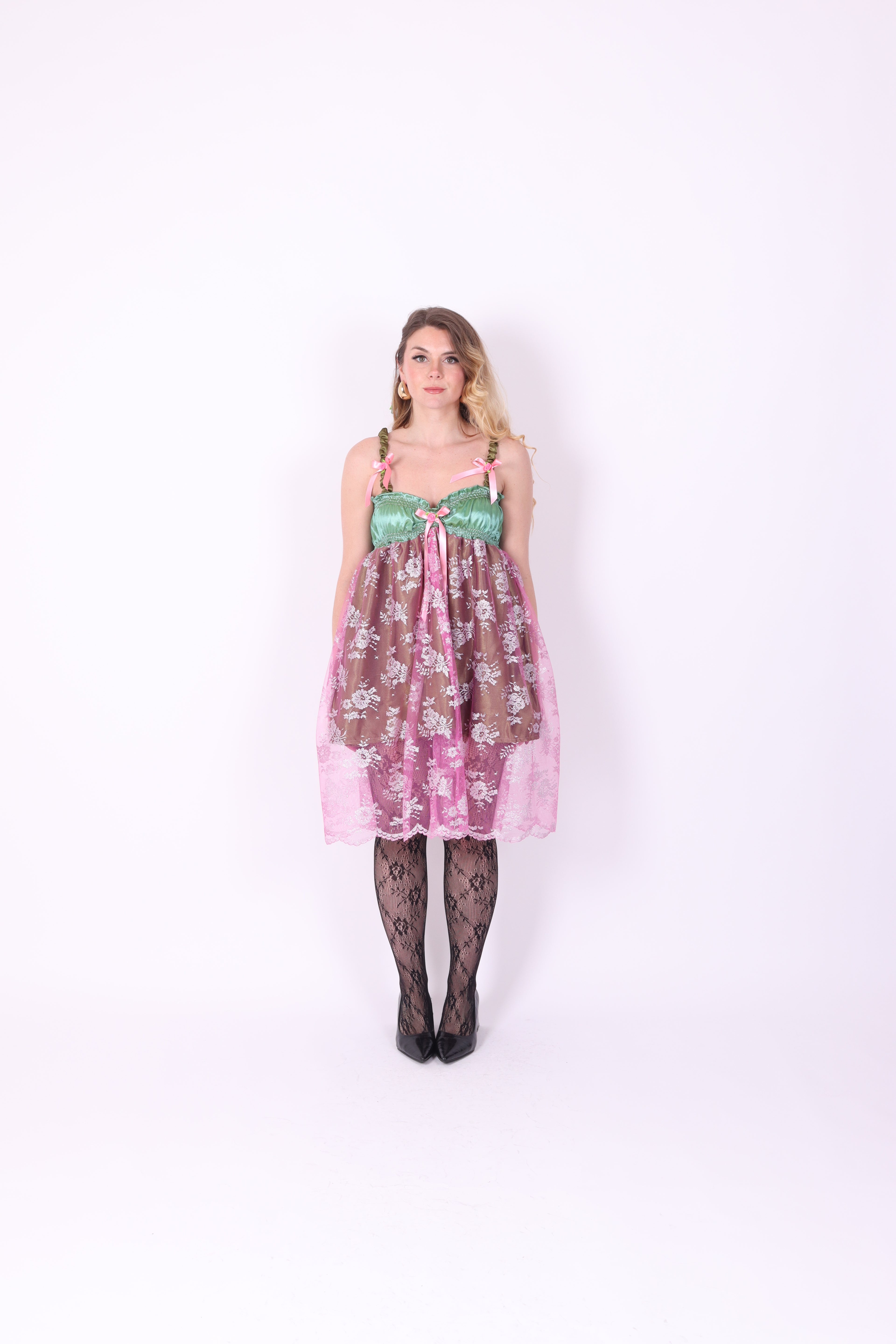 SERAPHINA ✧ Green and Pink Lace Babydoll Dress