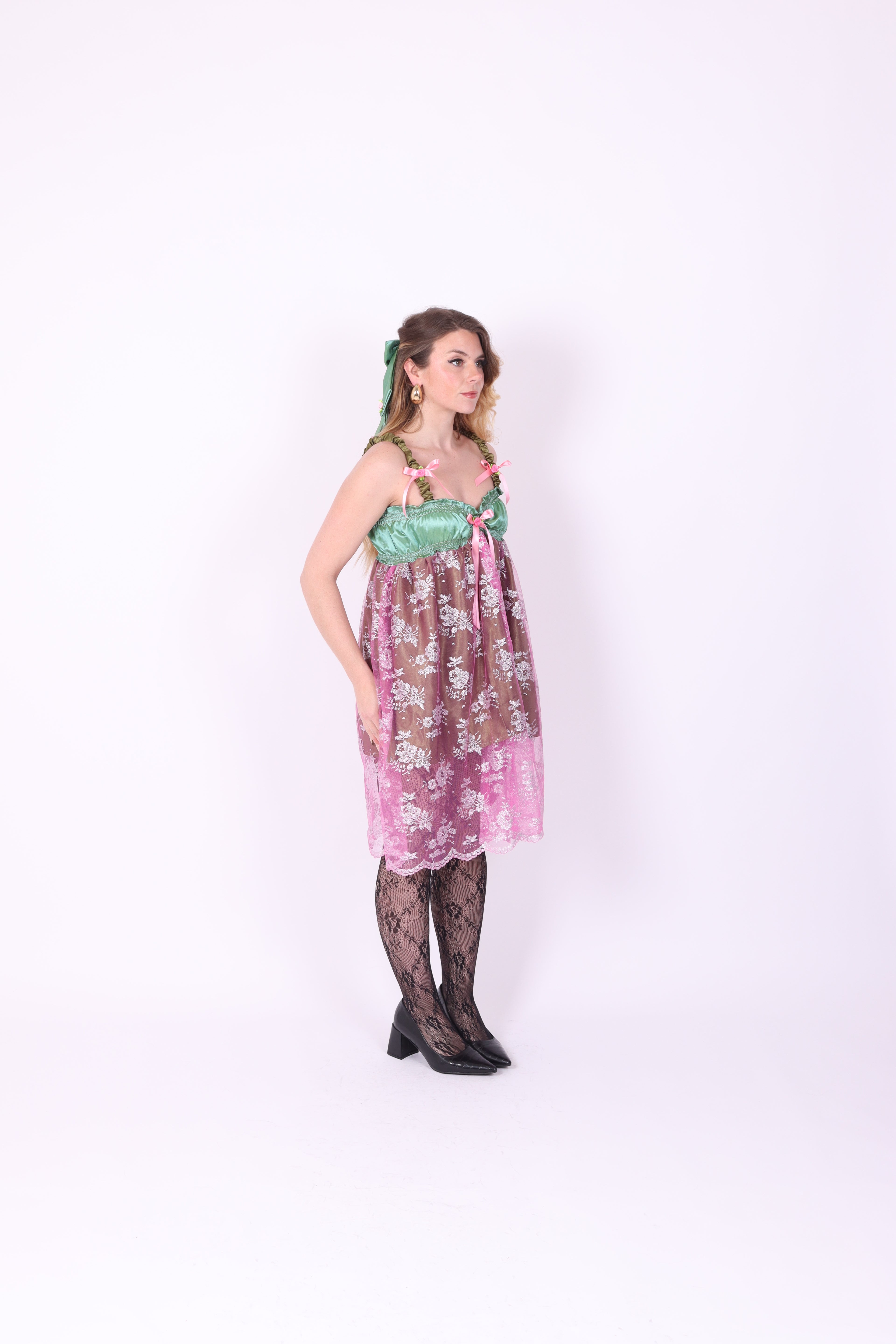 SERAPHINA ✧ Green and Pink Lace Babydoll Dress