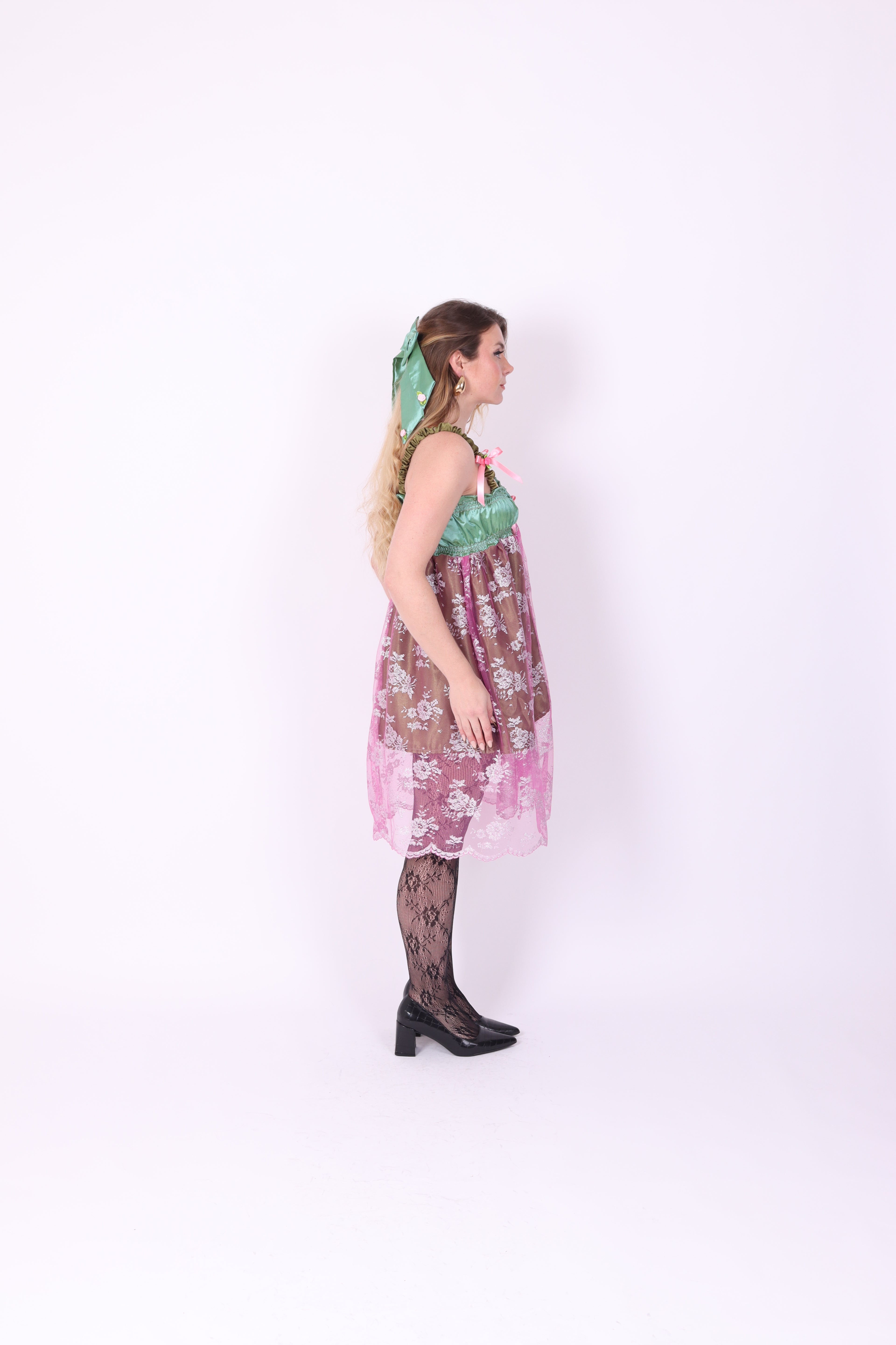 SERAPHINA ✧ Green and Pink Lace Babydoll Dress