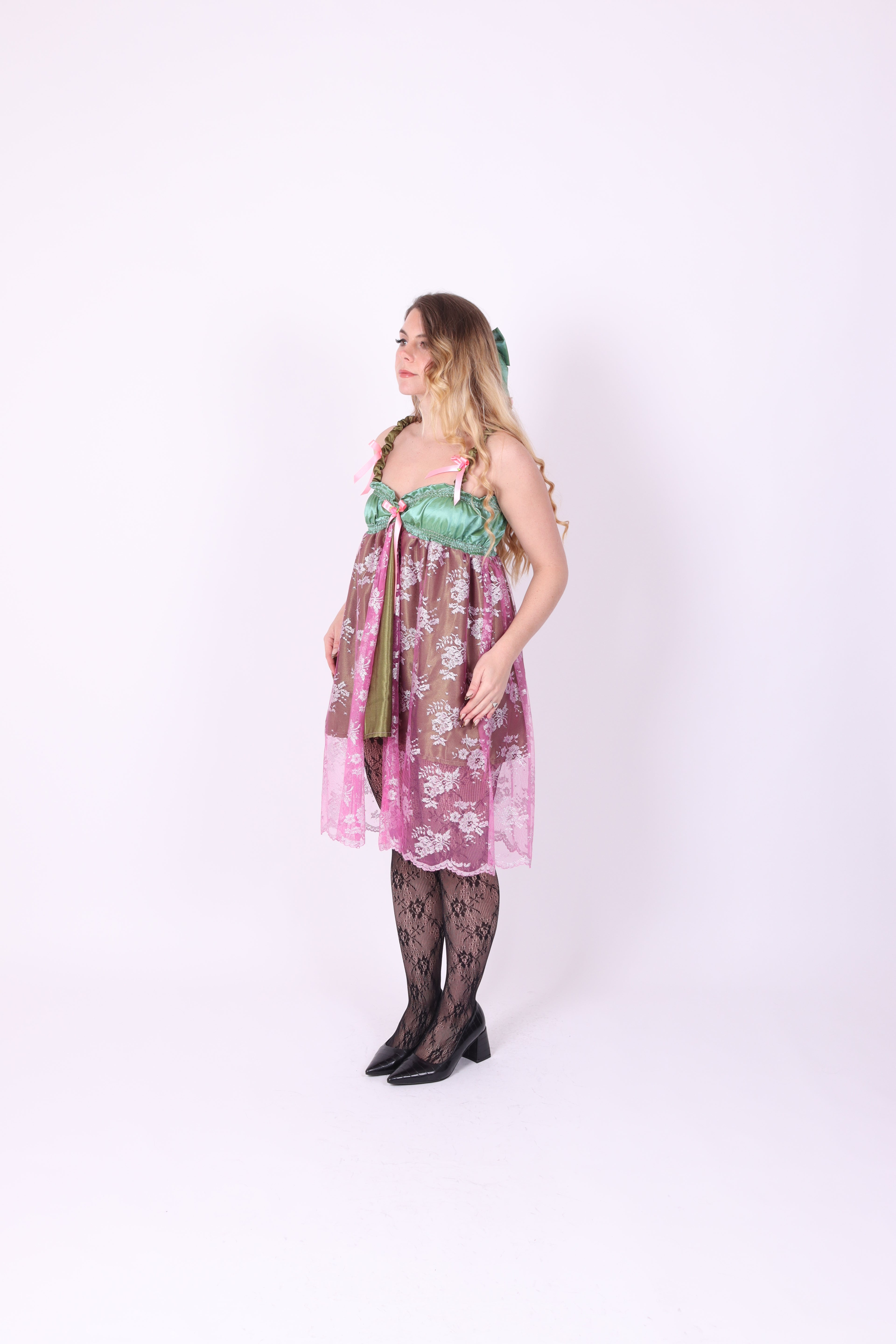 SERAPHINA ✧ Green and Pink Lace Babydoll Dress