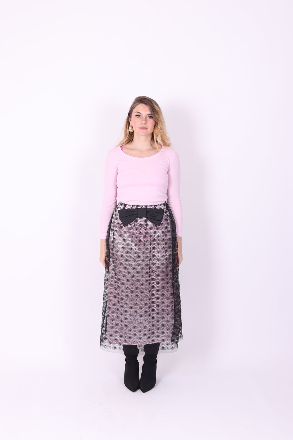 LIVIETTA ✧ Black Lace + Pink Silk + Bow Long Skirt
