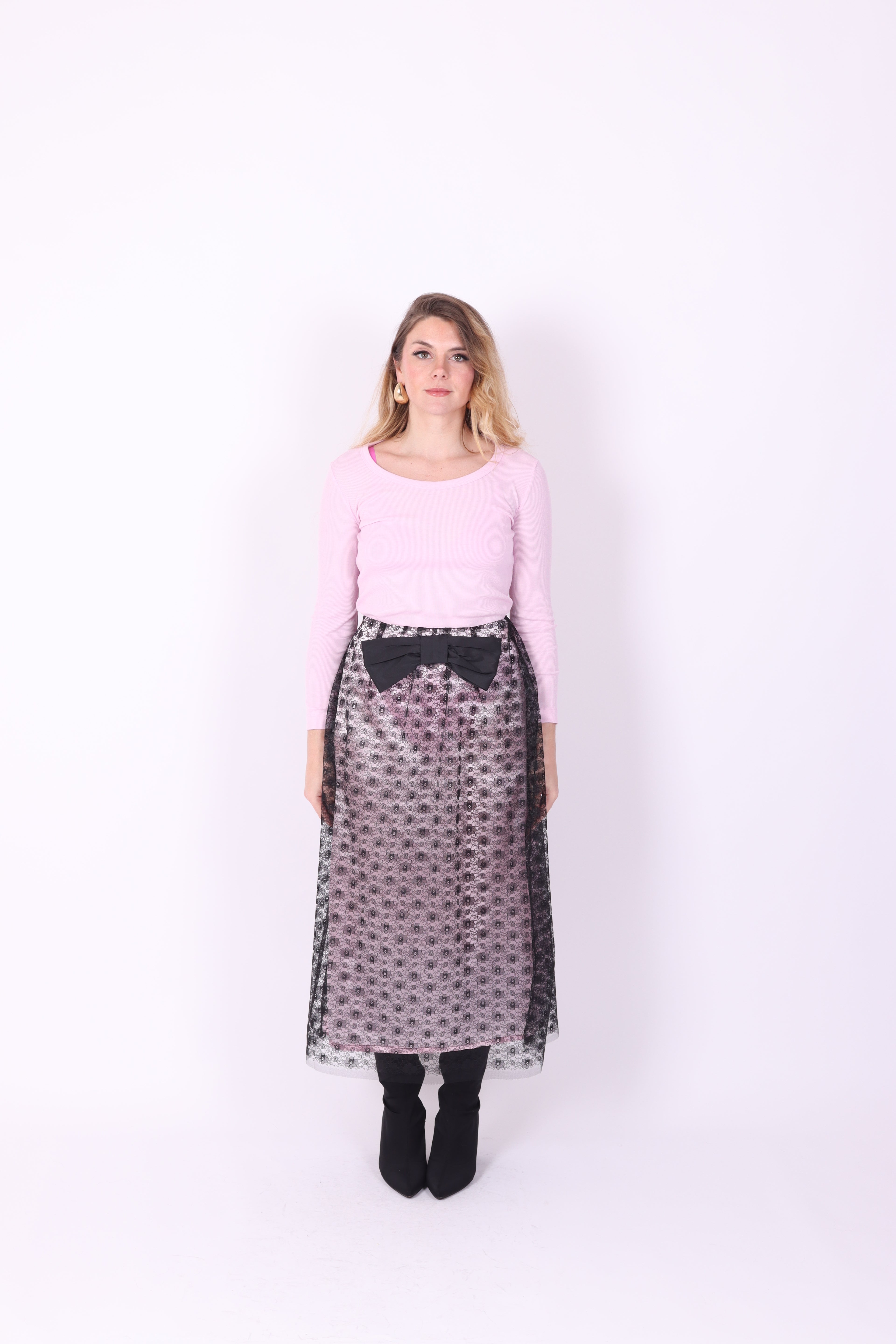 LIVIETTA ✧ Black Lace + Pink Silk + Bow Long Skirt