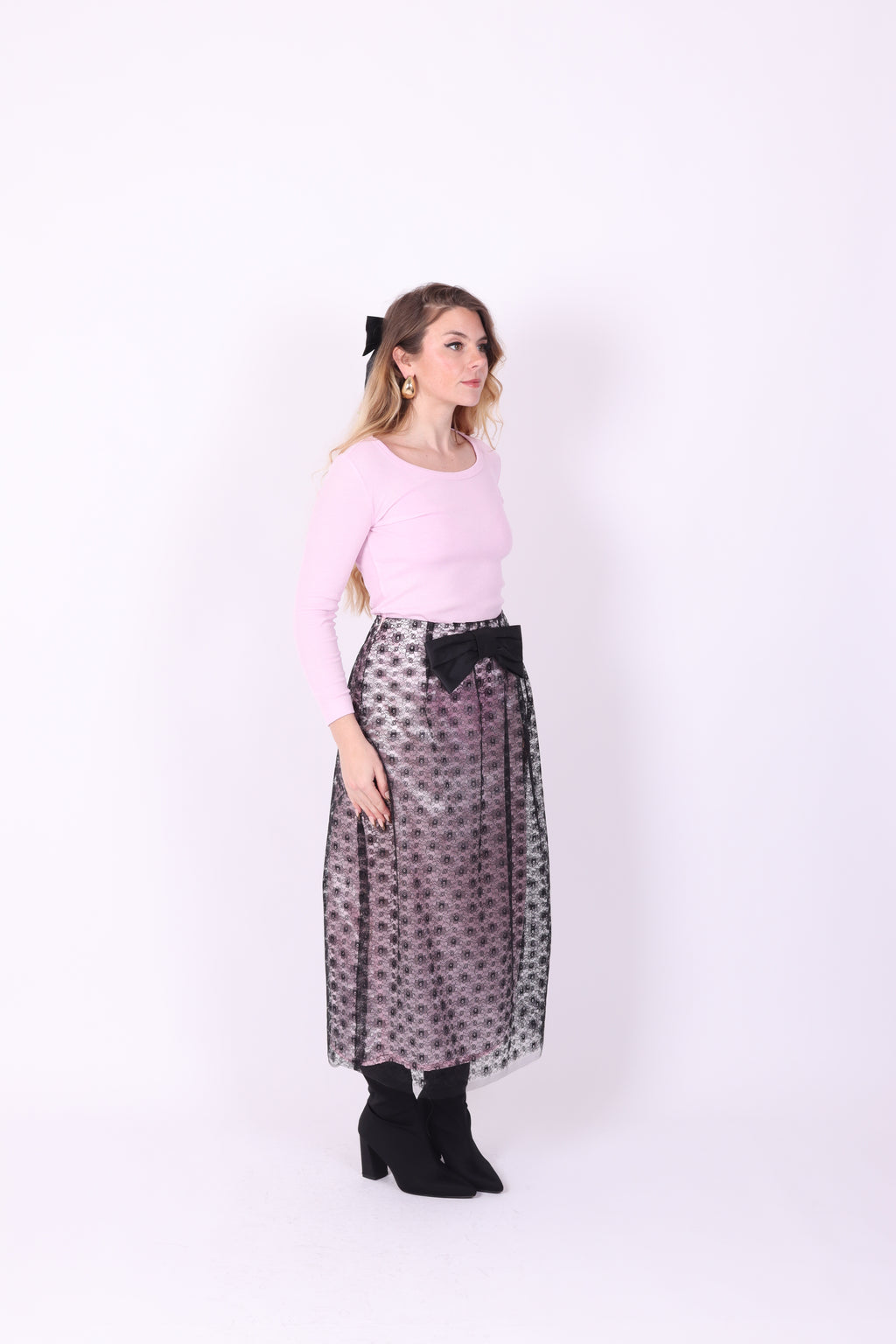 LIVIETTA ✧ Black Lace + Pink Silk + Bow Long Skirt