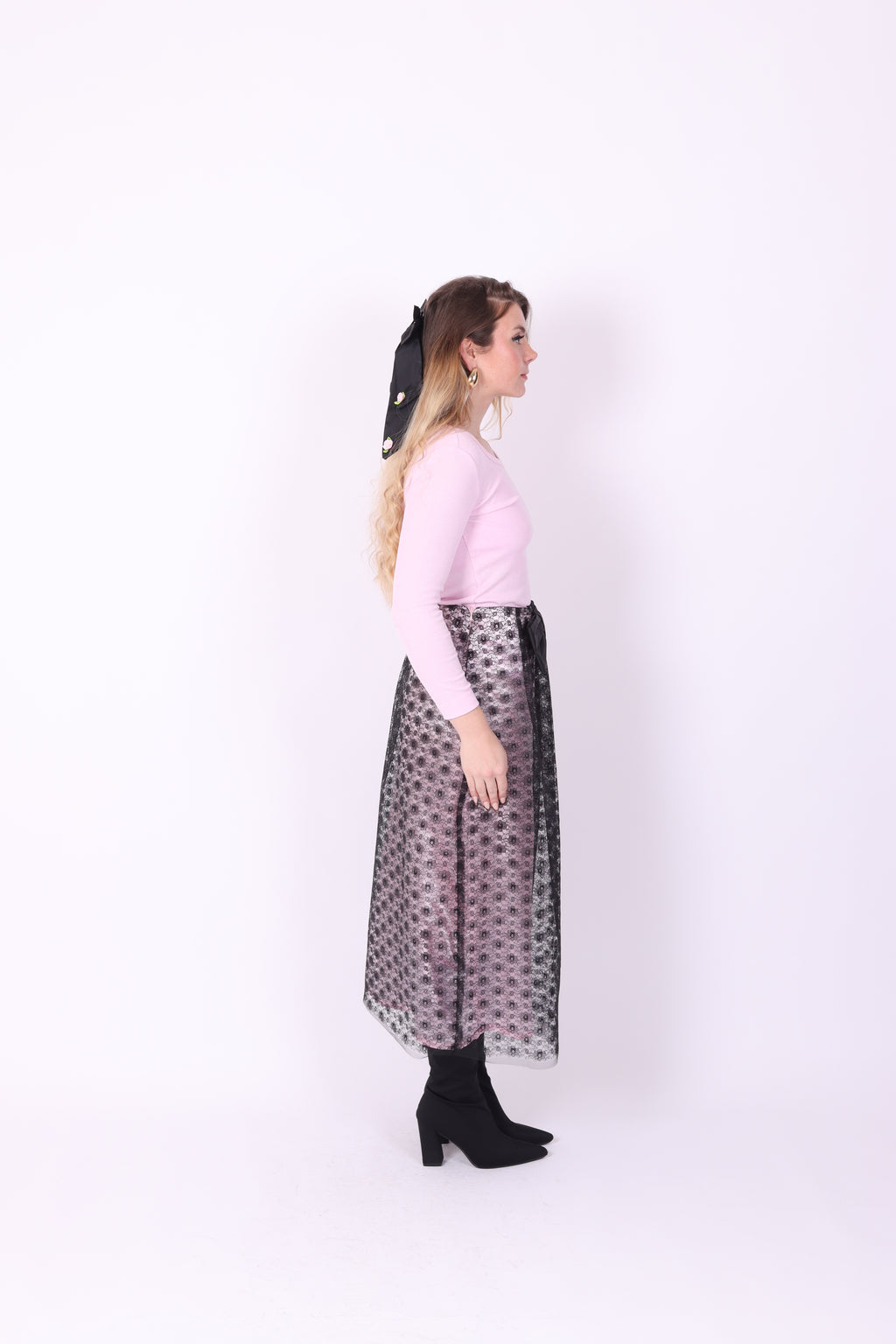LIVIETTA ✧ Black Lace + Pink Silk + Bow Long Skirt