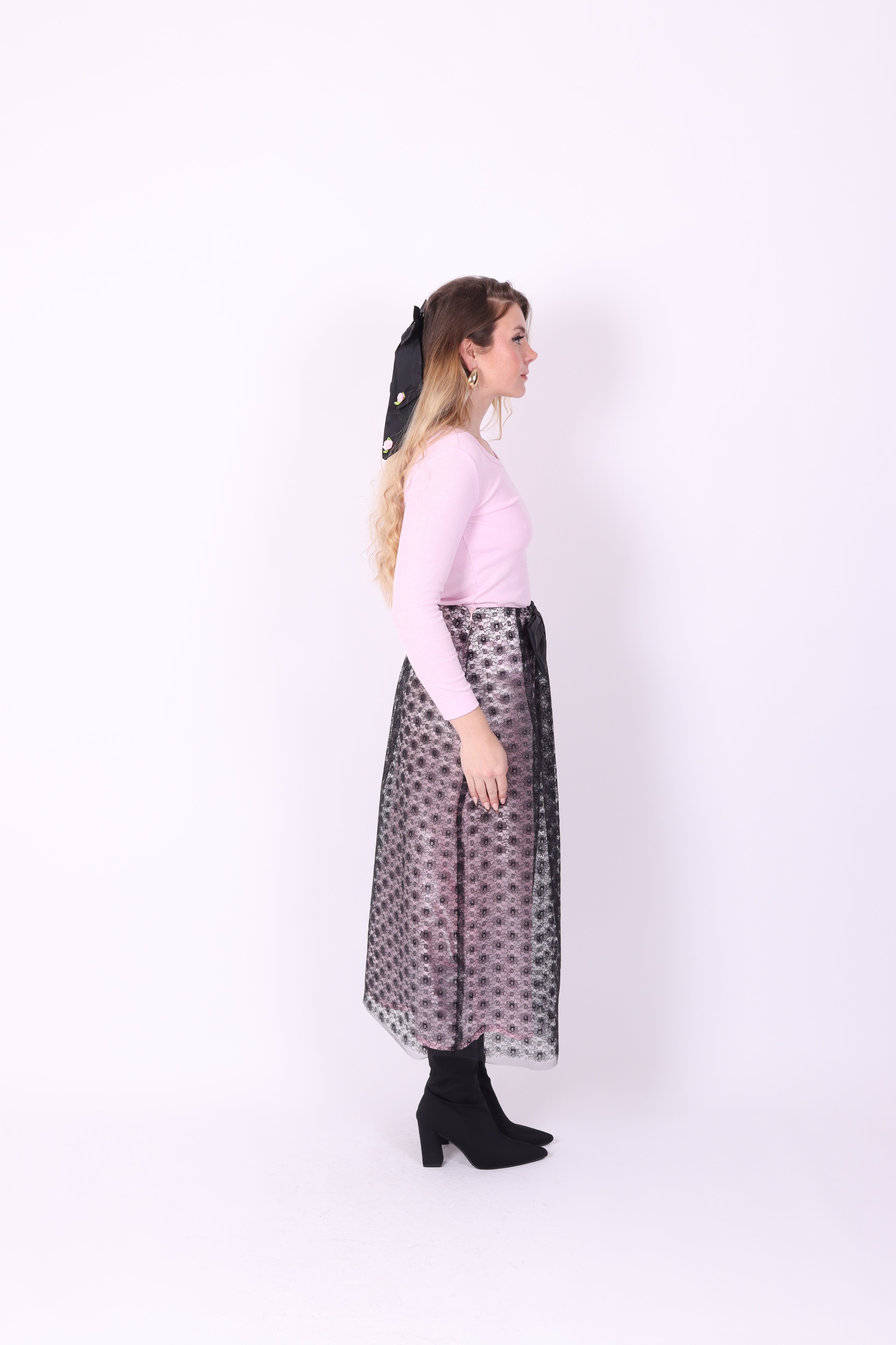 LIVIETTA ✧ Black Lace + Pink Silk + Bow Long Skirt