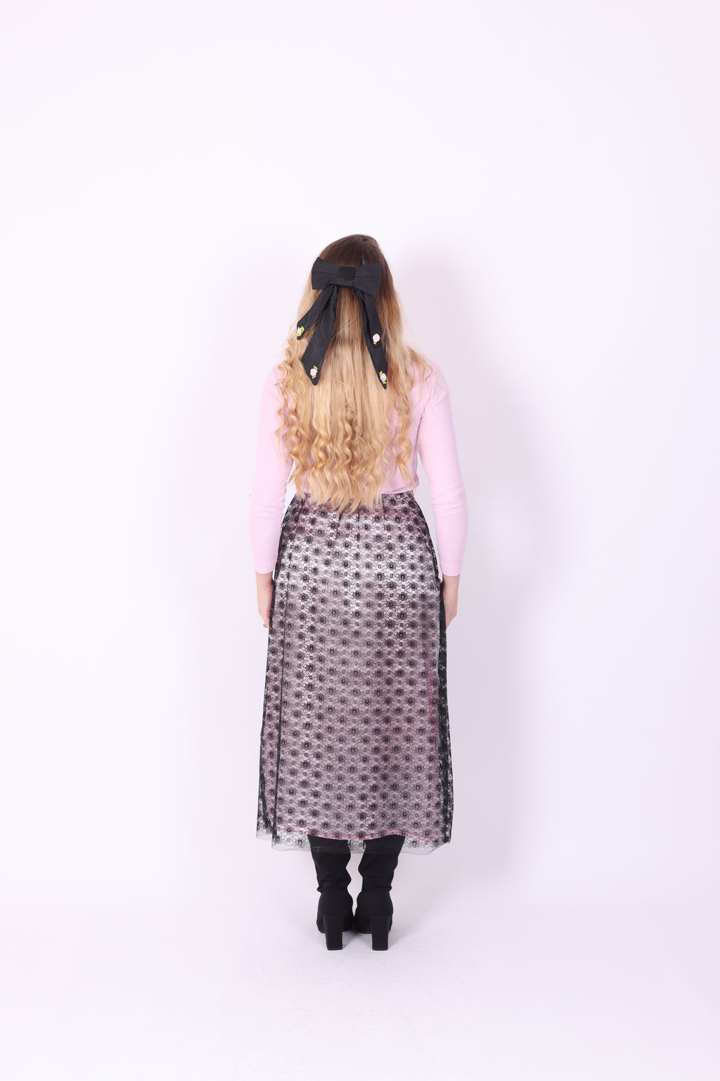 LIVIETTA ✧ Black Lace + Pink Silk + Bow Long Skirt