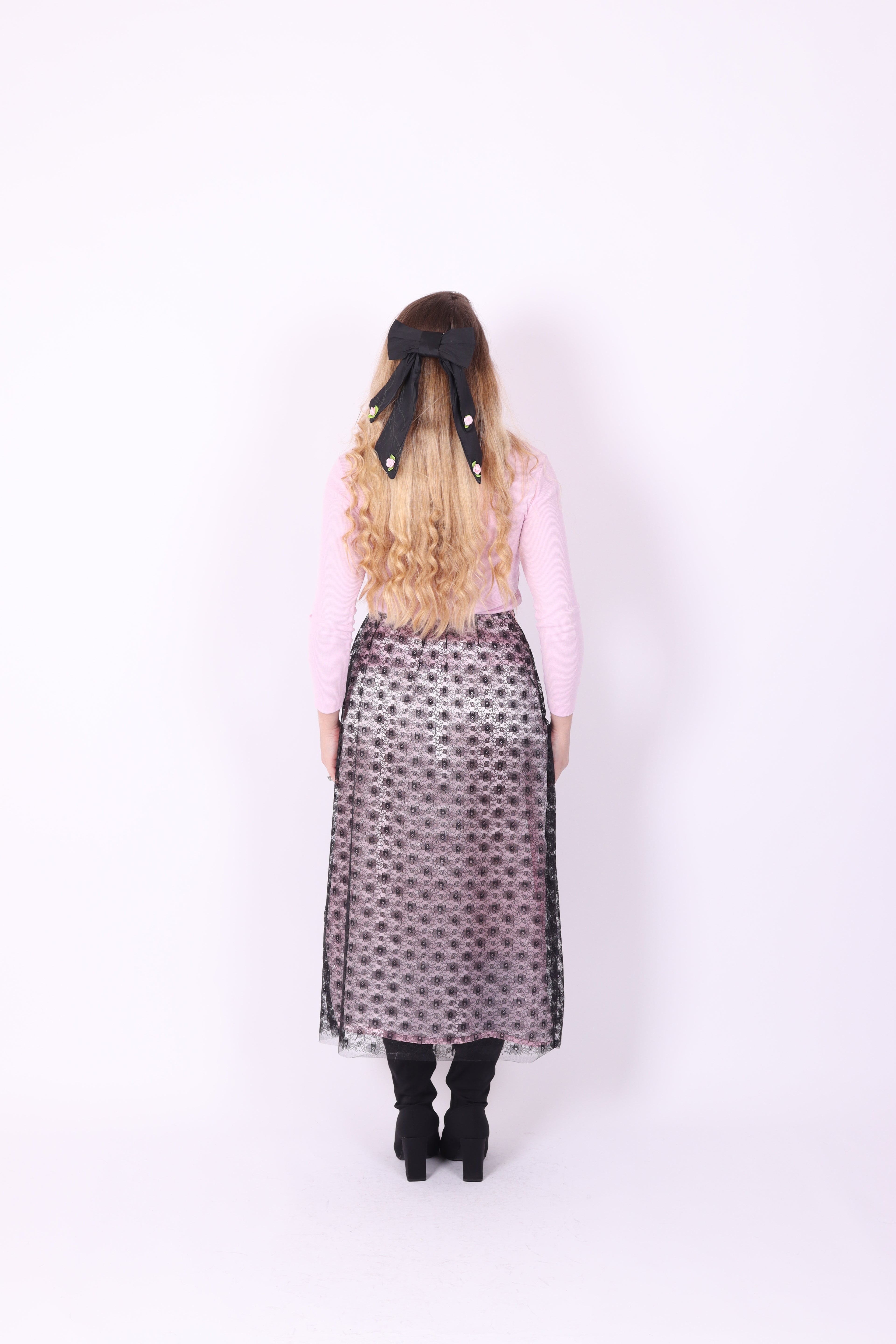 LIVIETTA ✧ Black Lace + Pink Silk + Bow Long Skirt
