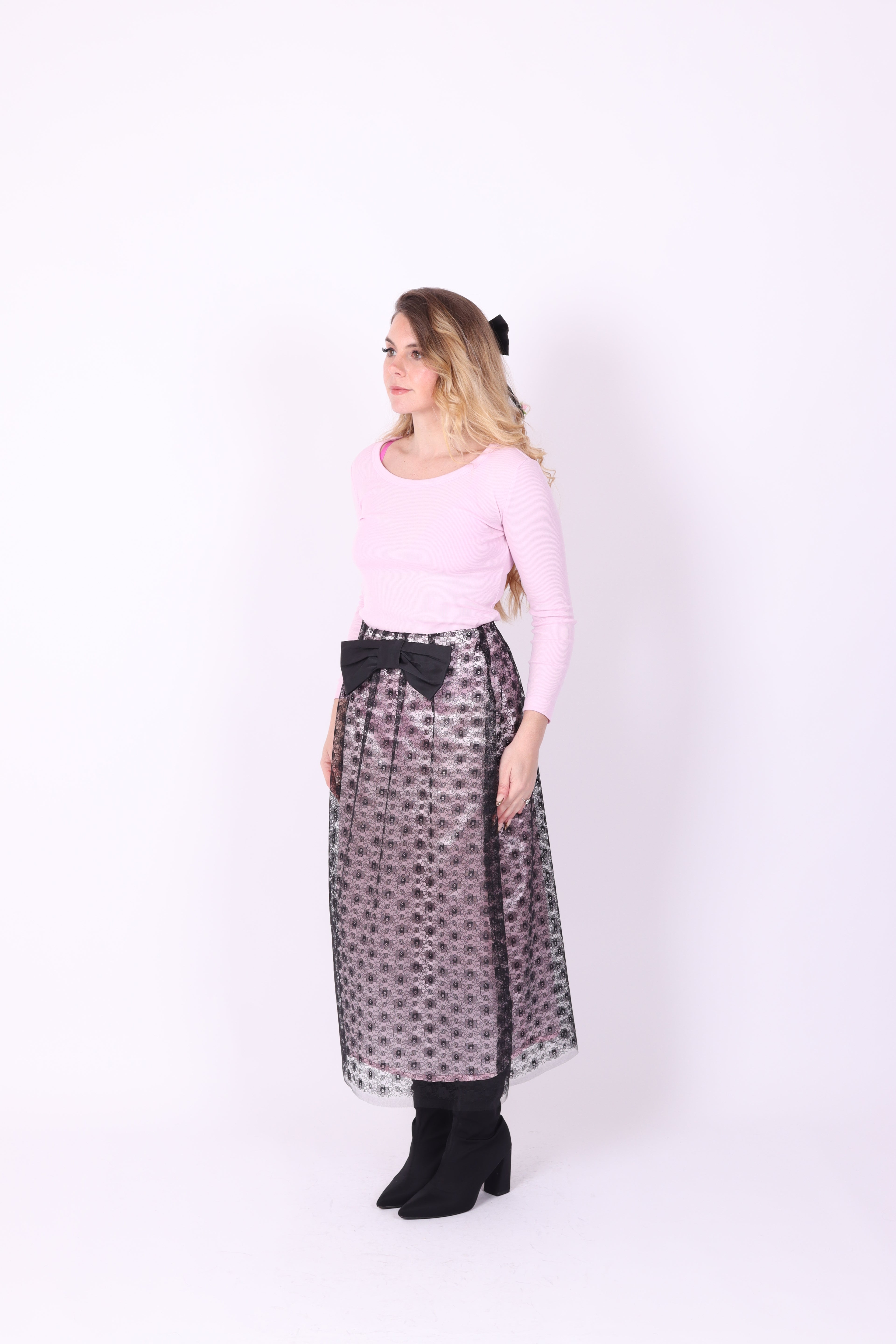LIVIETTA ✧ Black Lace + Pink Silk + Bow Long Skirt