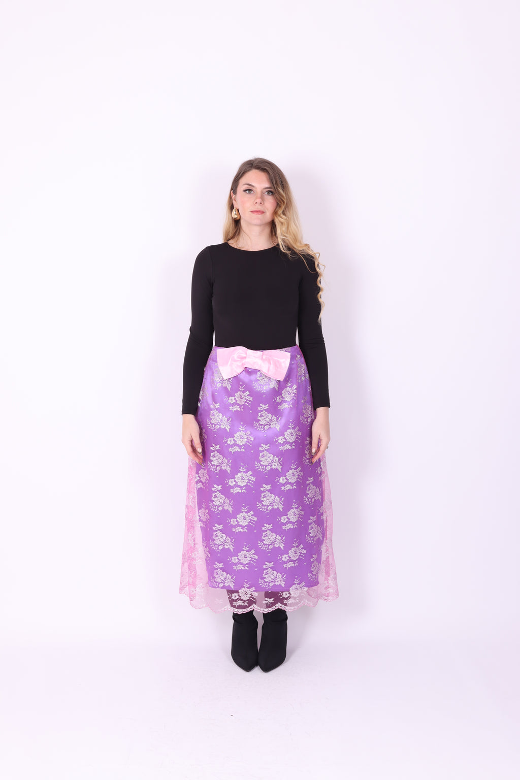 LAMBRETTA ✧ Metallic Pink Lace + Purple Silk + Bow Long Skirt